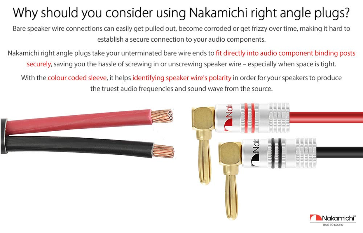 Nakamichi Excel Series 24K Gold Plated Banana Plug 12 AWG - 18 AWG Gauge Size 4Mm Speakers Amplifier Hi-Fi AV Stereo Home Theatre Audio Wire Cable Screw Connector (8 Pcs (4-Pairs), Right Angle Plug) image number 5