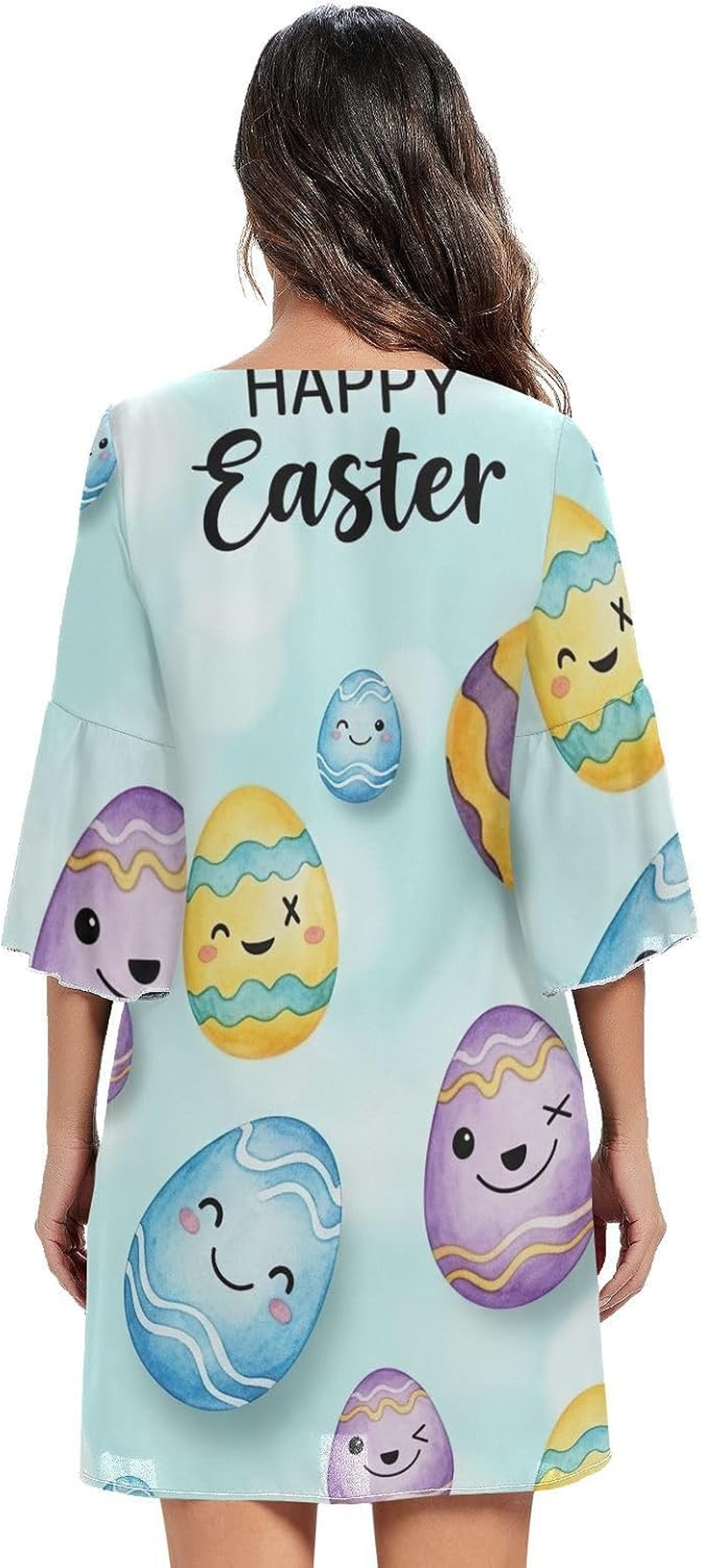 Funny Easter Eggs Blue Chiffon V Neck Dress Printed Maternity Dress Party image number 4