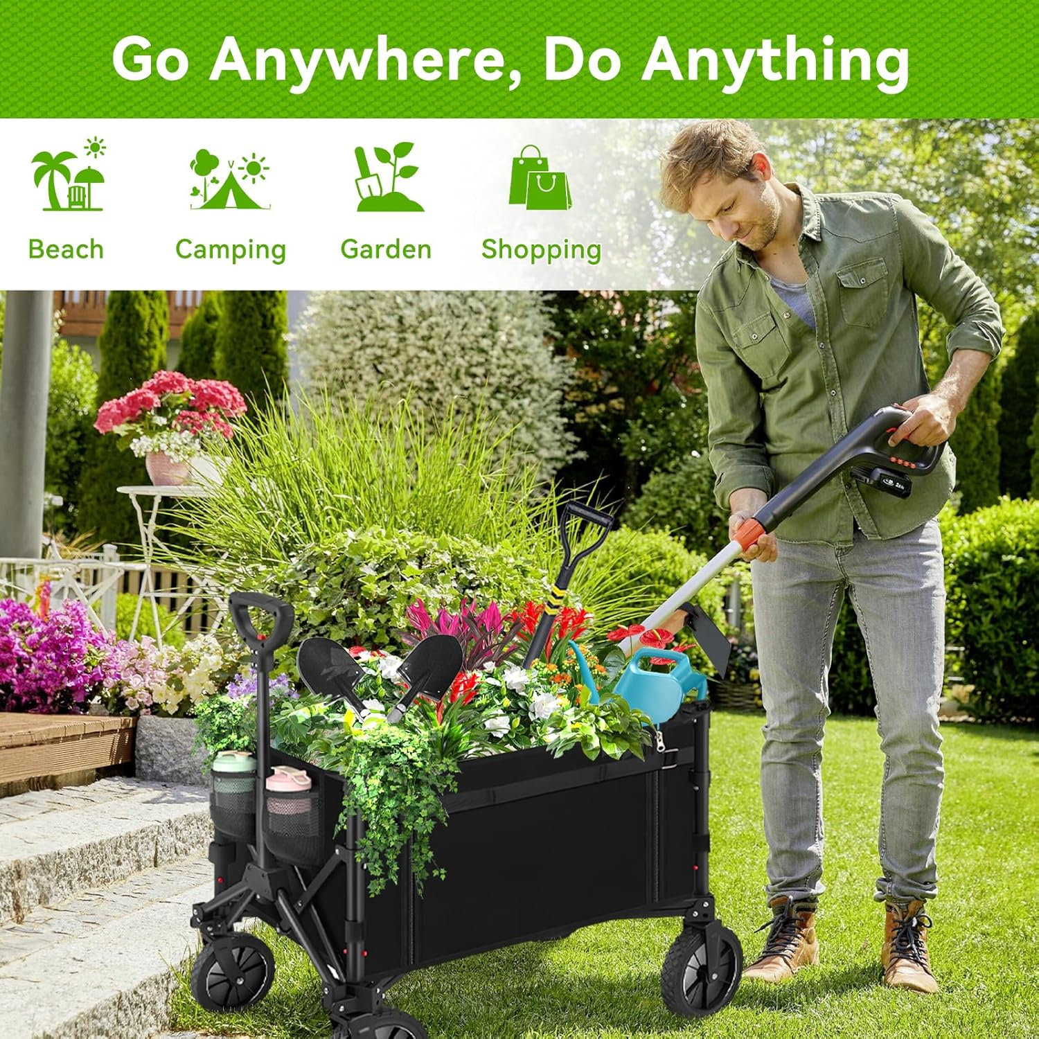 Collapsible Folding Wagon, Outdoor Utility Wagon, Adjustable Wagon Cart with All-Terrain Wheels & Drink Holders, Portable Grocery Wagon for Outdoor, Garden, Shopping, Camping, Grocery, Beach Storage image number 4