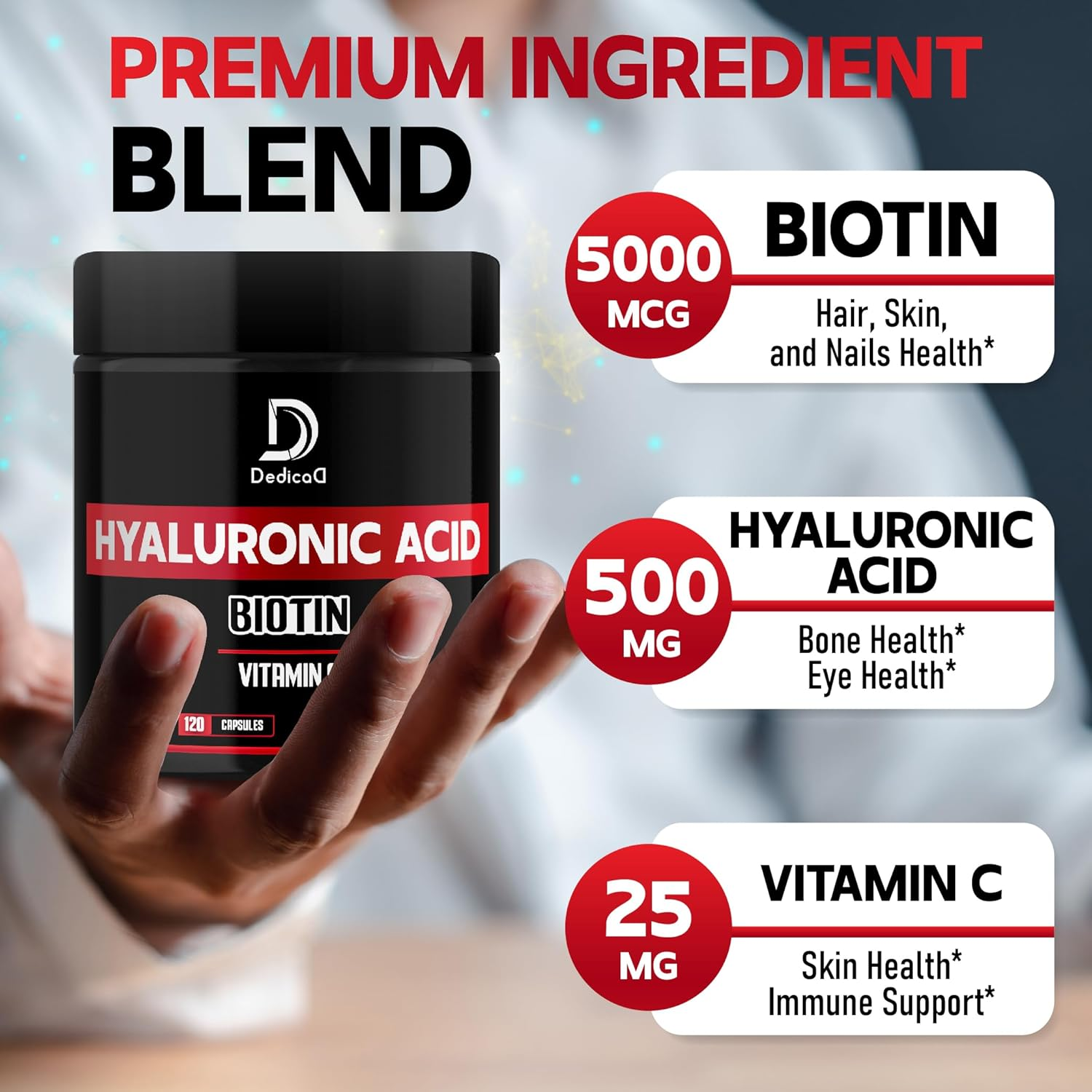 DEDICAD 3In1 Hyaluronic Acid Supplement 525Mg - Combined with Biotin & Vitamin C - 120 Capsules for 4 Months image number 6
