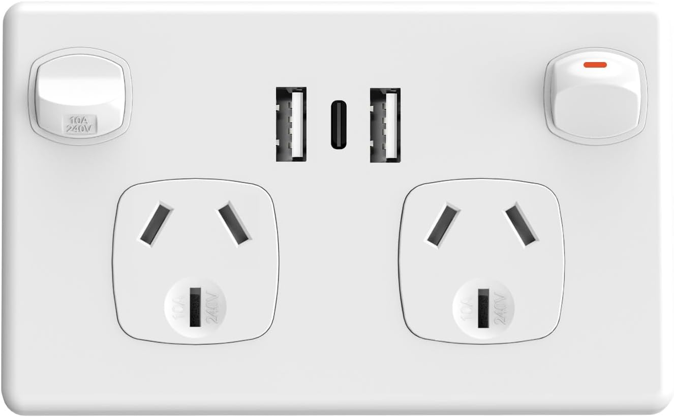 Double Power Point with 2 USB a and 1 Type C, GPO Wall Outlet, Fast Charging 5V 3.6 Amp, SAA RCM Approved, Single Switch, 10A/2400W, Black