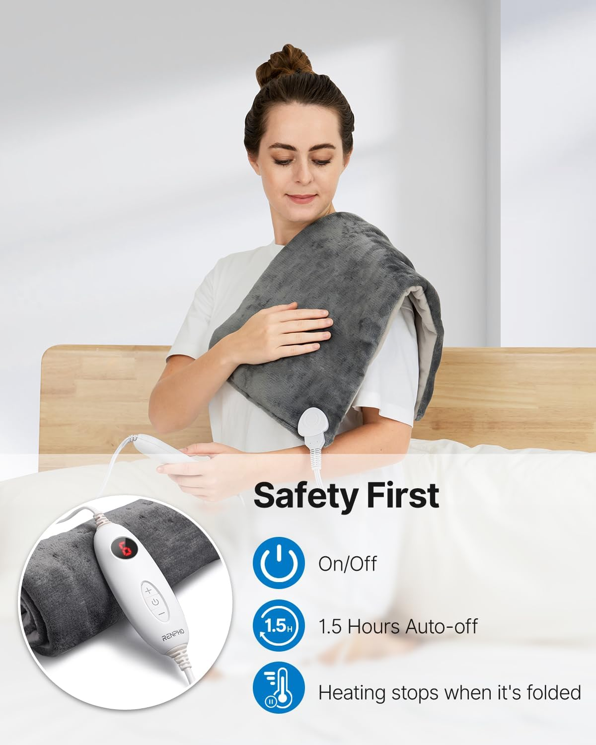 RENPHO Heating Pad, Electric Heat Pad for Back Pain and Cramps Relief, Mothers Day Gift, Birthday Gifts for Women Men, Fast Heated, Auto Shut Off, Machine Washable, Ultra-Soft 61X31Cm Gray image number 4