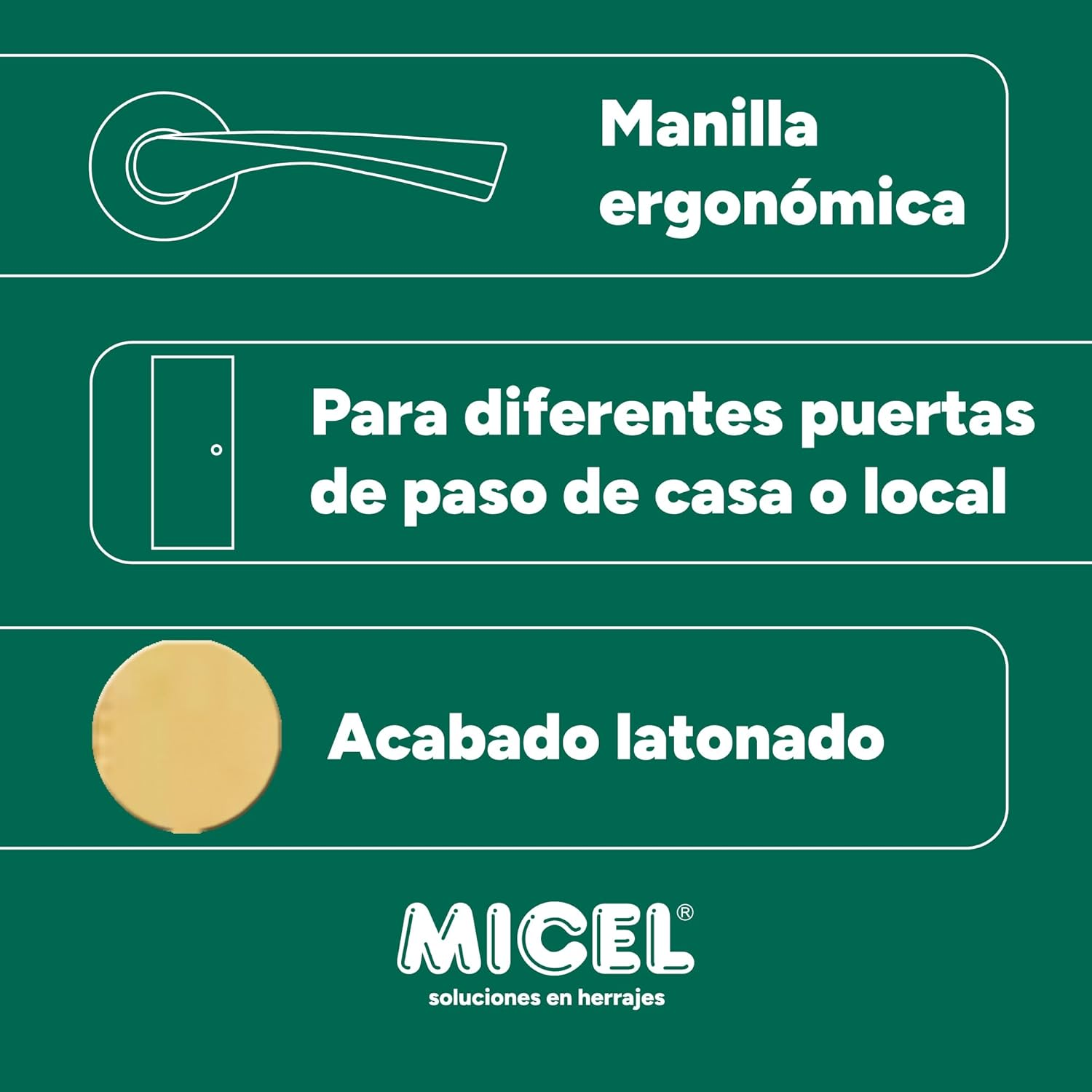 Micel - 07081 - Door Handle Set with Wide Rosette (65 Mm) and Aluminium Lever Brass Finish Shiny Gold 135 X 65 X 65 Mm image number 2