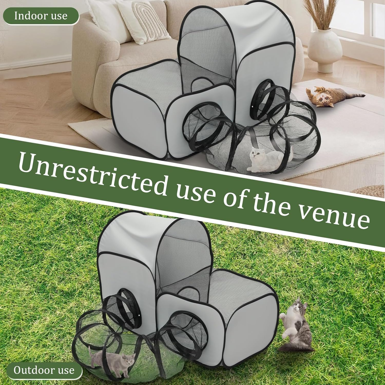 Cat Playpen with Surround Tunnel, Outdoor Cat Enclosure with Storage Bag, Foldable Pet Playpen for Small Animals, Breathable Pet Tent Outdoor for Backyard, Camping, Travel (Color B) - Color B image number 6