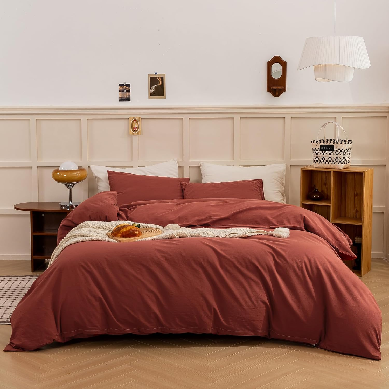 ECOCOTT 3 Pieces Duvet Cover Set Queen 100% Washed Cotton 1 Duvet Cover with Zipper and 2 Pillowcases, Ultra Soft and Easy Care Breathable Cozy Simple Style Bedding Set (Avocado Green)