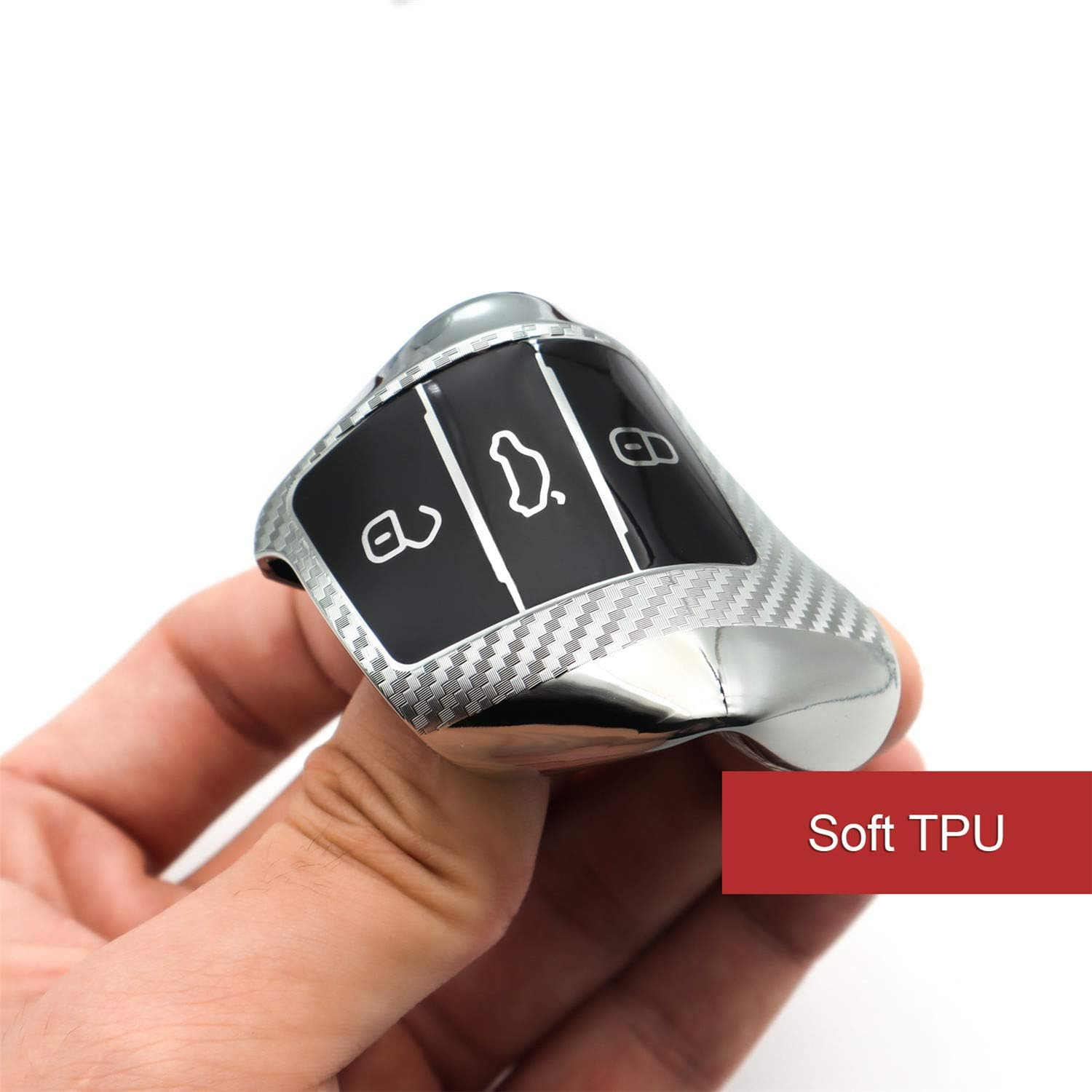 M.Jvisun Soft Carbon Fiber Finish Car Key Fob Cover for Volkswagen Atlas Golf Jetta Polo for Tiguan for Skoda Kodiaq Karoq for Audi A1 for Seat Ateca Leon Flip Key TPU Case with Keychain - Silver image number 1