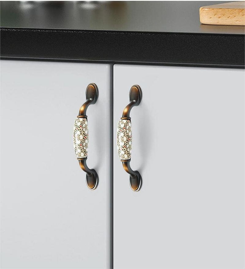 Vulevirtue Pack of 2 Vintage Floral Pattern Cabinet Handles, Floral Pattern Door Handles, Ceramic Cabinet Handles, Cupboard Drawer Push Handle with Screws, for Kitchen Drawer Cupboards Door (144 X 40 image number 3