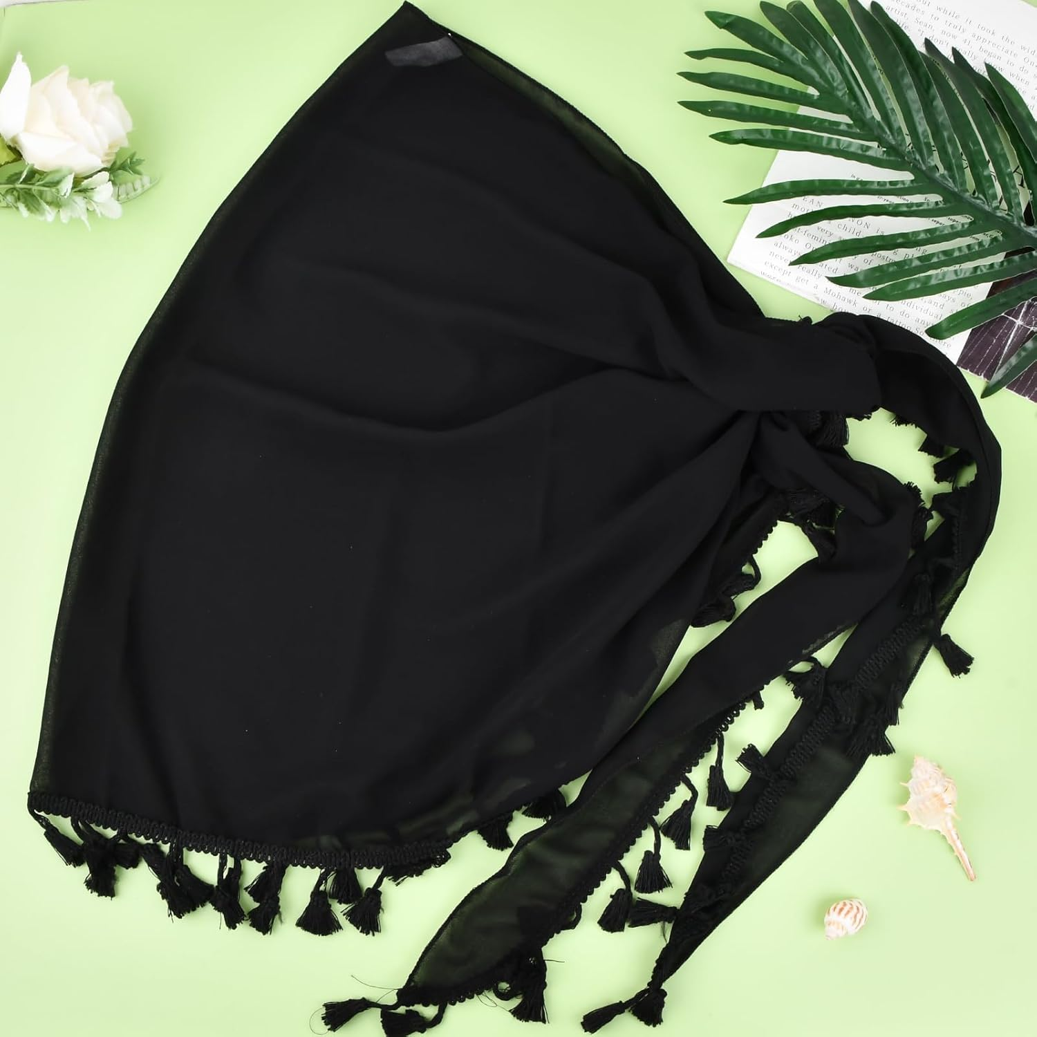 2 Pieces Women Beach Sarong with Tassel, Chiffon Beach Cover up for Women, Swimsuit Wrap Pareo for Bikini, Sexy Short Skirt Beach Cover for Summer Holiday, Black and Leopard