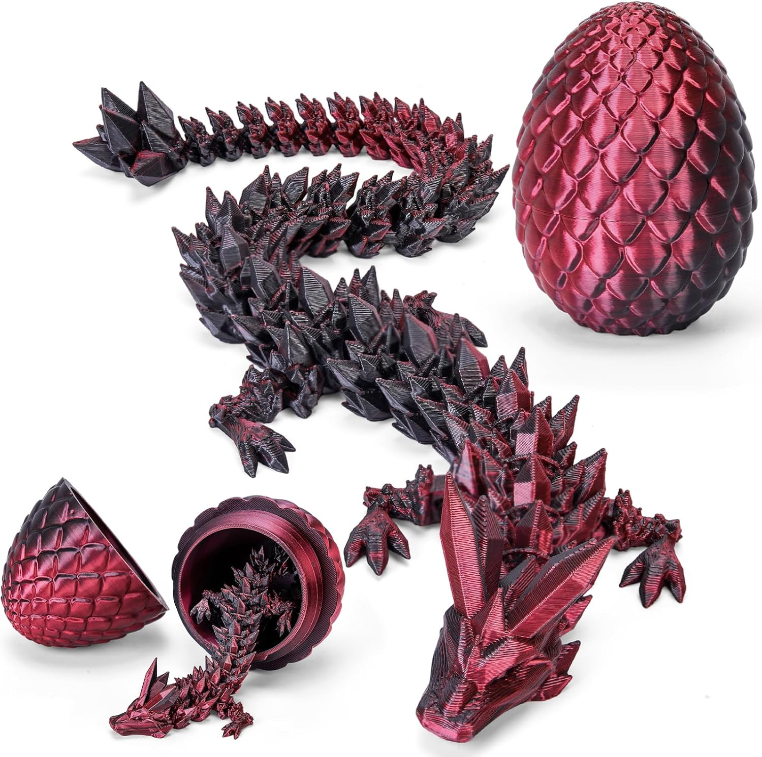 3D Printed Dragon Egg with Articulated Dragon inside - Adult Fidget Toys for Autism ADHD (Black Red)