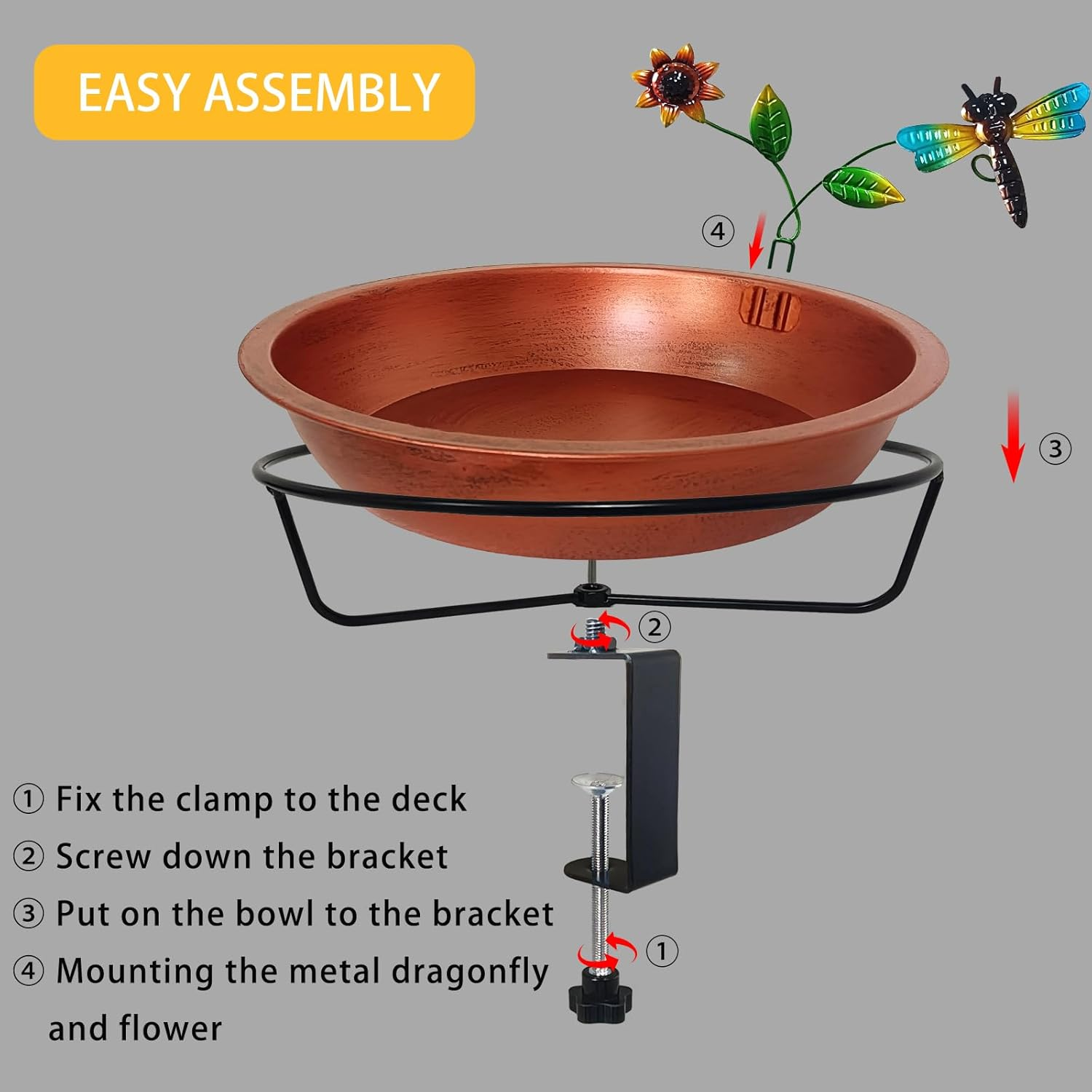 Deck Bird Bath for Outside, 13 Inch Large Antique Copper Metal Birdbath Bowl with Adjustable Big Steel Clamp, Backyard Bird Feeders/Baths for Railing Balcony Fence Yard Art Garden Decor