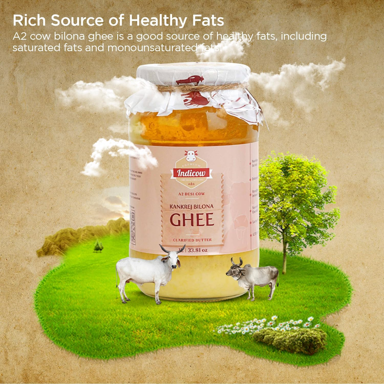 Indicow Farms A2 Cow Ghee/Clarified Butter | Hand Churned, Bilona | Organic Grass Fed Ghee | Keto and Paleo Friendly (A2 Kankrej Cows Bilona, 1000Ml/33.8Oz) image number 2