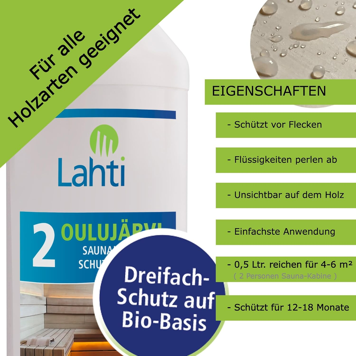 Lahti 2 OULUJ&Auml;RVI - Unique Sauna Wood Protection - Suitable for All Woods - Prevents Water and Sweat Stains - Protects against Dirt (0.5 Litres with Spray Head)