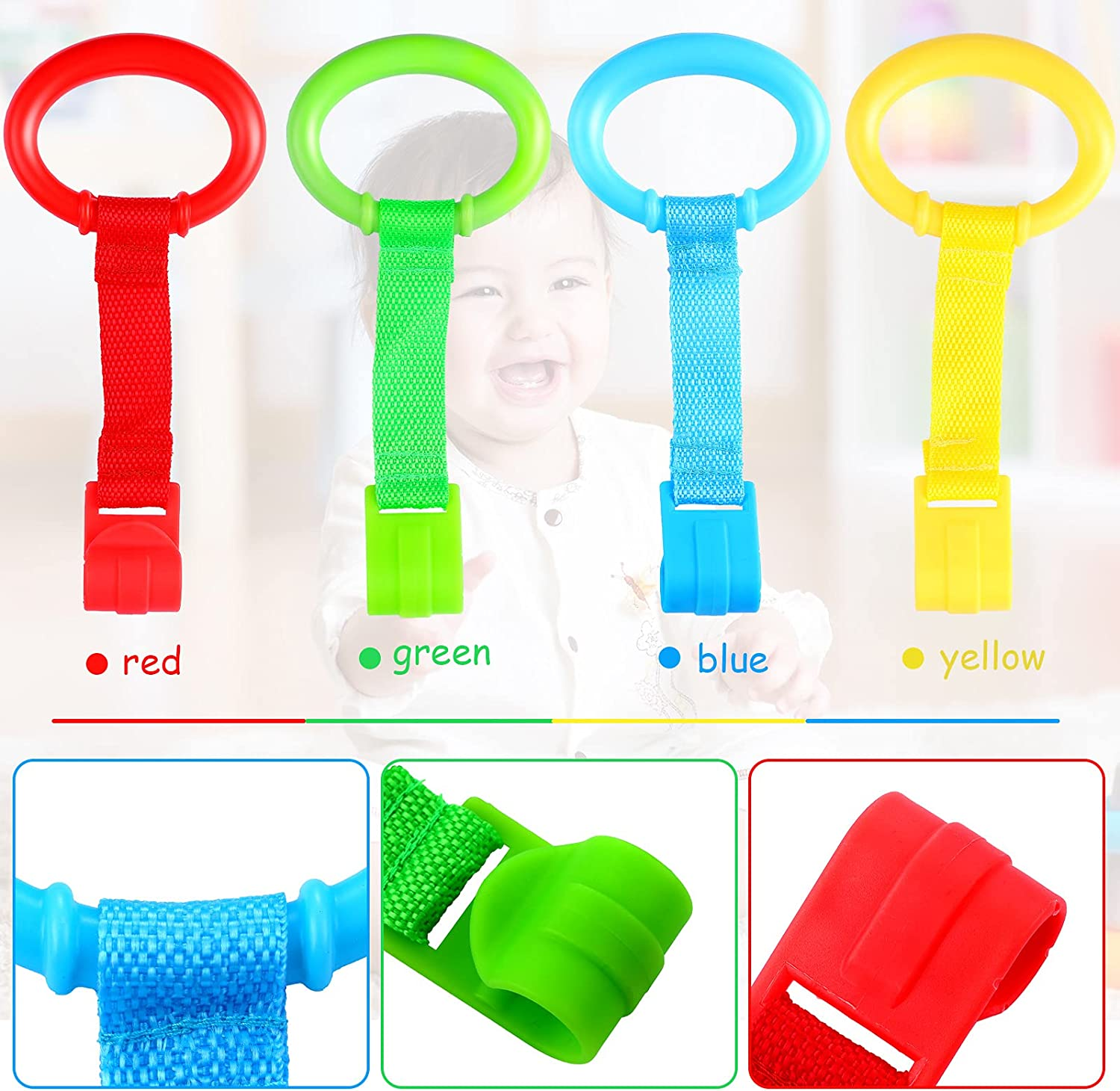 Sumind 8 Pieces Baby Pull up Rings for Playpen Baby Crib Pull Ring Baby Walking Exercises Assistant Bed Stand up Hanging Tool for Infant Toddler Practice image number 3