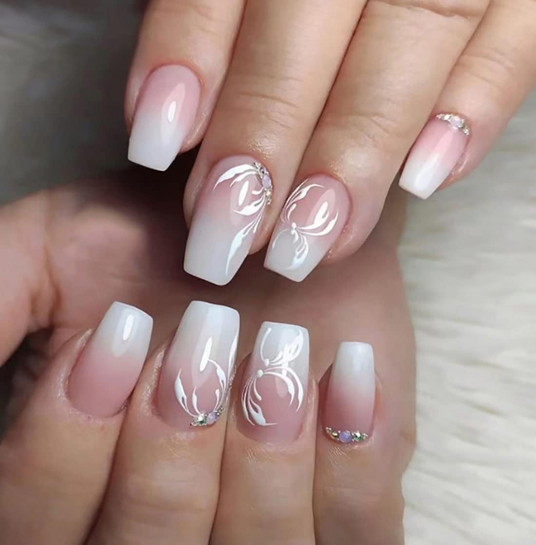 Square Gradient Nails Fake Nude Mid Glitter Fake Nail Crystal Flower Acrylic Print on Nails French Full Cover False Nails for Women Girls image number 3