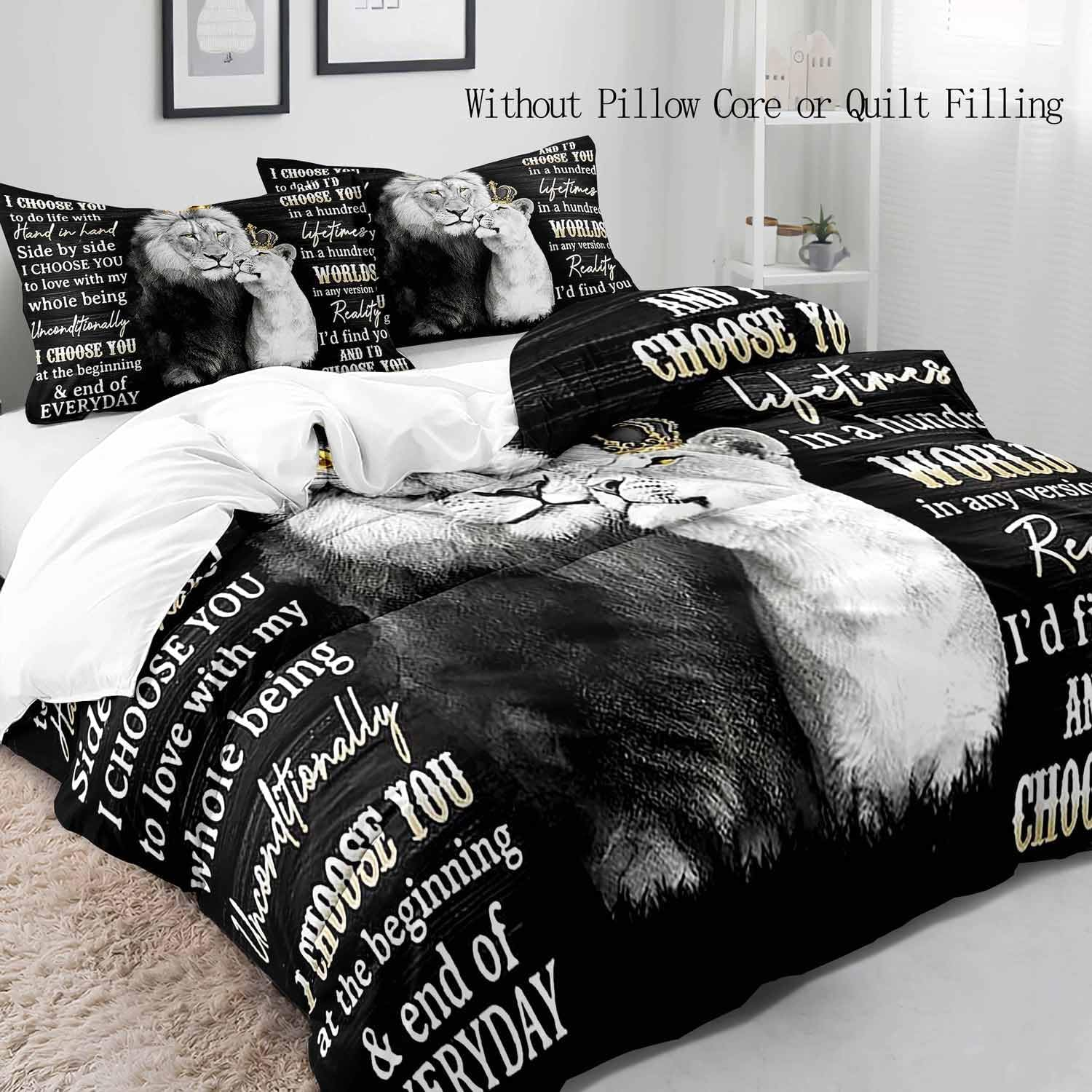 VIVIHOME 3PCS Lion King & Queen Bedding Set, African Safari Animal Black Bedding, Comforter Cover, Wedding Valentines Bedroom Decor for Couples, Romantic Lion Couple Gifts, I Choose You, 2 Pillowcases image number 3