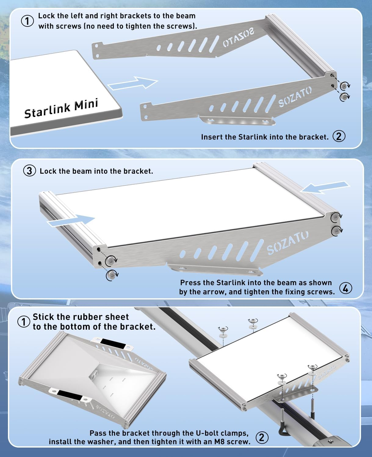 SOZATO Starlink Mini Car Mount, Starlink Mini Roof Rack Mounting Kit with Full Metal Protection, Shock-Absorbing Foam, Adjustable U-Bolt Clamps, Accessory Base for Cars, Rvs, Boats, Yachts, Trucks