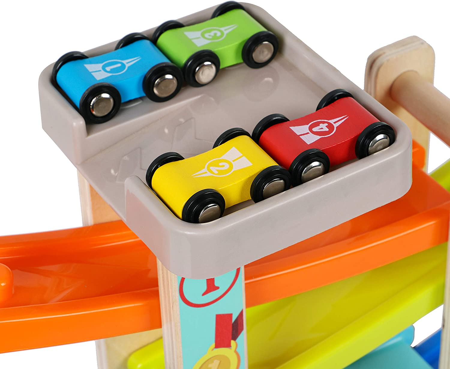 TOWO Wooden Car Ramp Toy- Zig Zag Car Slide with 4 Wooden Cars & Roof Top Car Park Playsets-Click Clack Track Wooden Car Toys for Toddlers -Racing Car Toys for Kids Boys Girls 1 2 3 4 image number 4