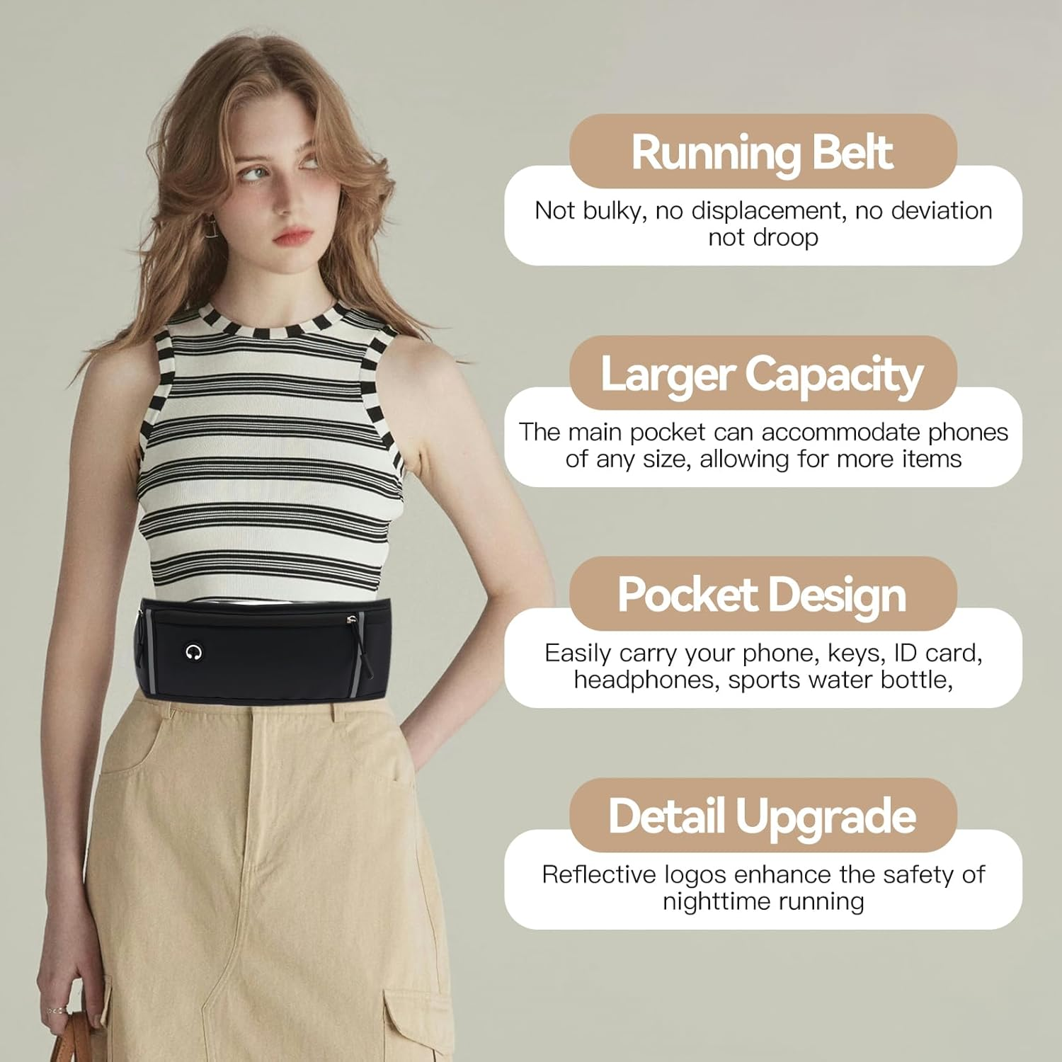 Adjustable Running Belt Waist Pack - Water-Resistant Phone Holder for Men & Women, 45Cm Slim Fitness Belt Bag Fits 6.5" Phones (80-125Cm Waist)