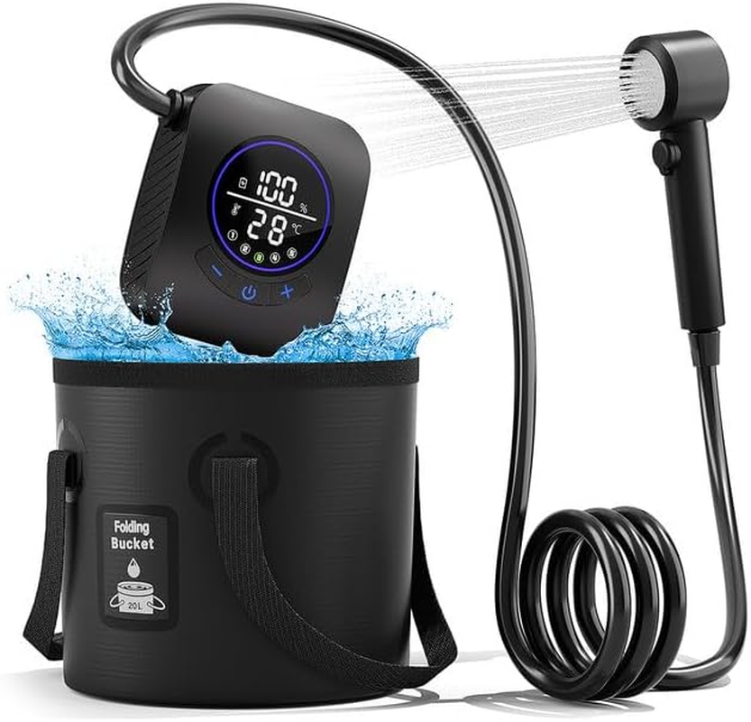 Mytrix Portable Shower 8000Mah Rechargeable Camping Shower Pump with 20L Foldable Bucket, 5 Spray Modes, IPX8, Ideal for Outdoor Camping, Travel, Car Washing, Pet Bathing, and Watering Plants