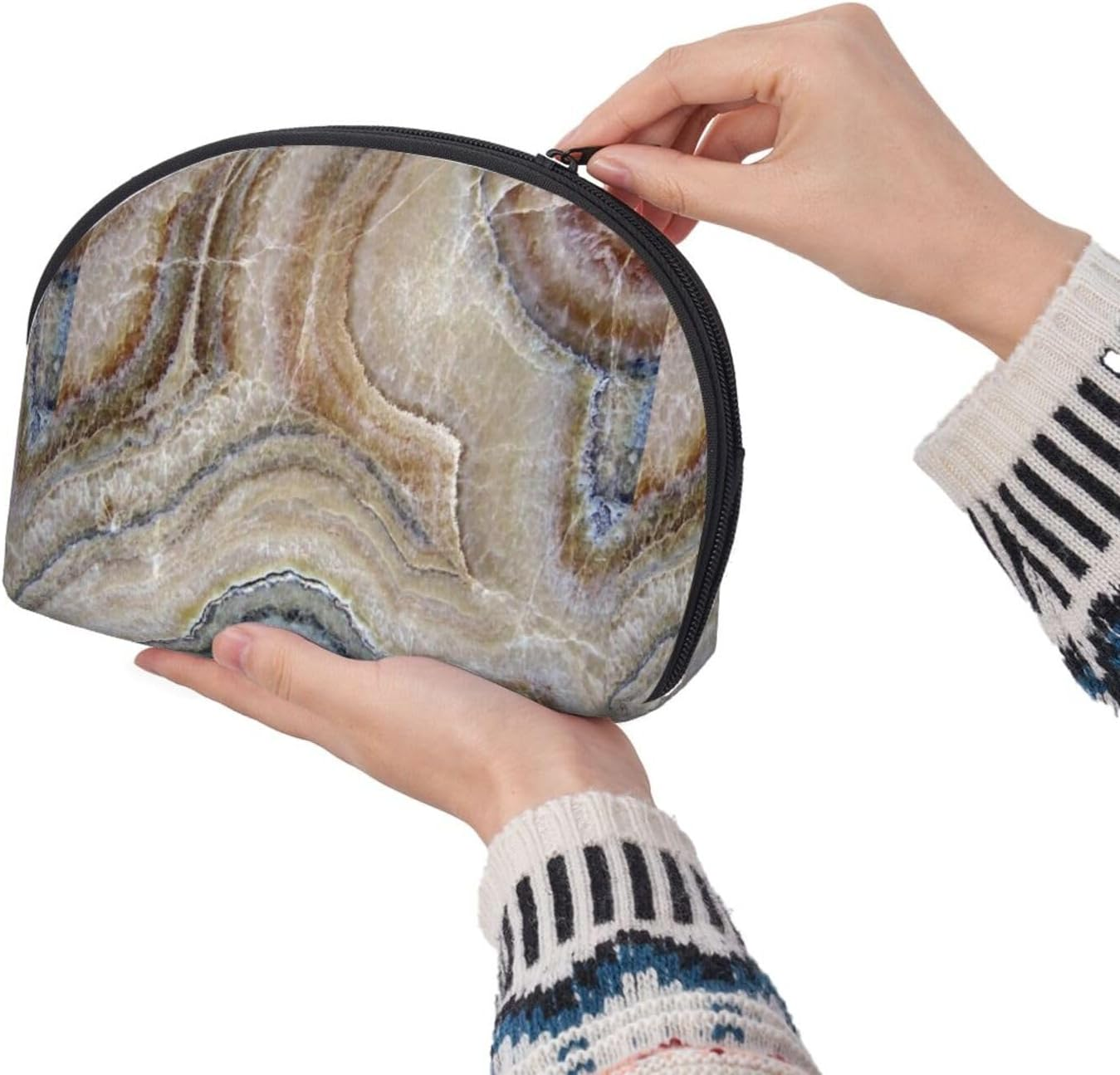 Cozimangoe Coin Pouch Makeup Bags Set, 2 Piece Shell Shape Cosmetic Bag with Pockets for Daily Travel Handbag Lipstick Keys Toiletry, Personalized Onyx Stone Pale Blue Print image number 6