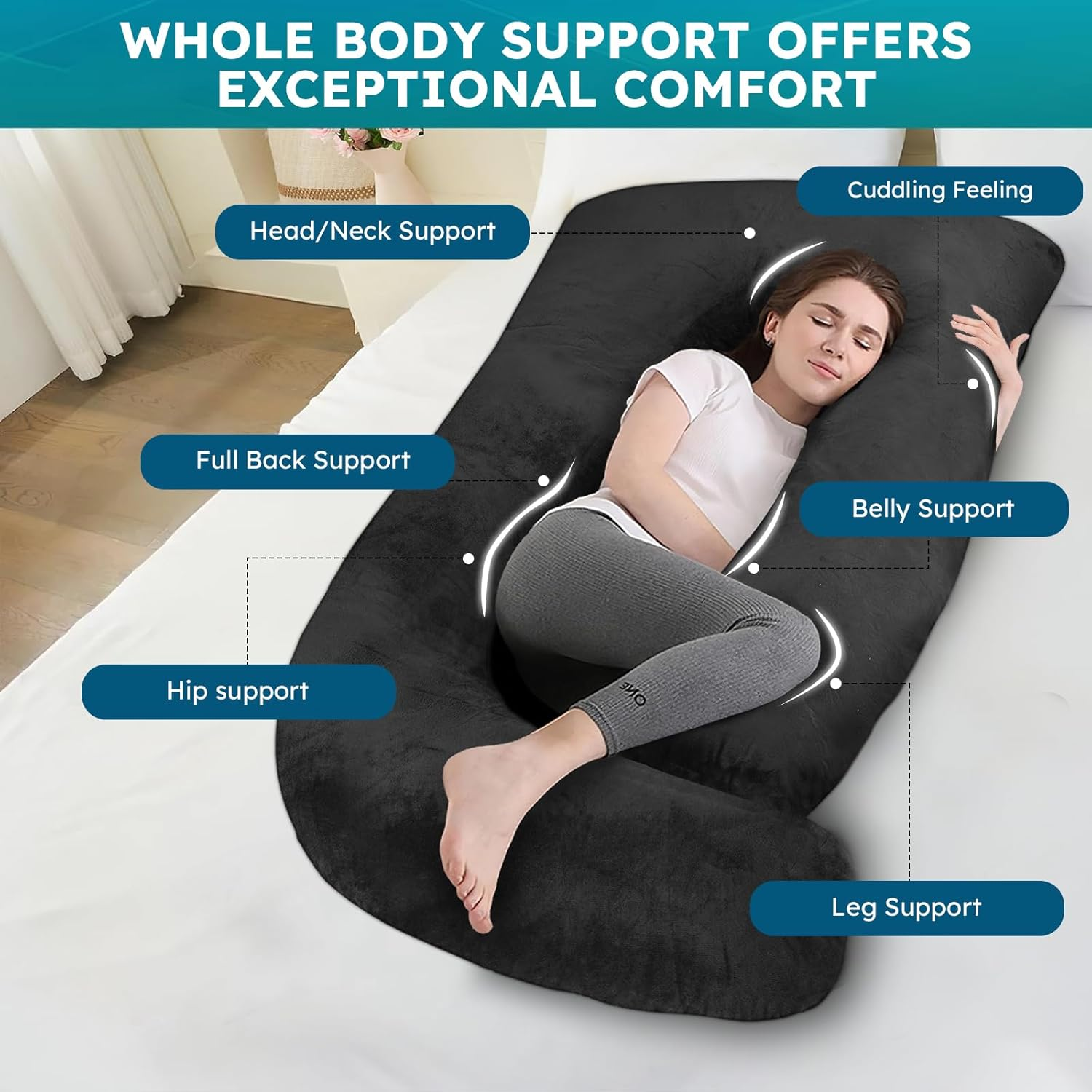 Pregnancy Pillows for Sleeping, J Shaped Maternity Full Body Pillow for Back, Legs and Belly Support, 180Cm Long Maternity Pillows for Pregnant Women and Side Sleepers with Removable Cover image number 4