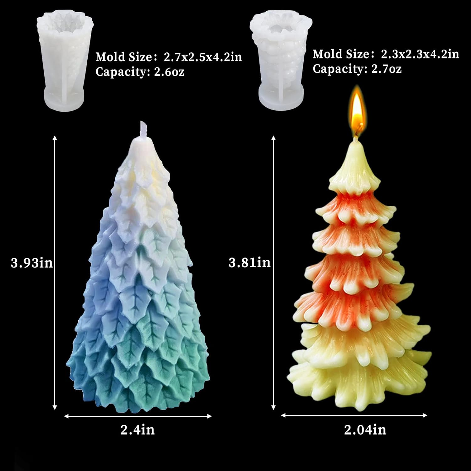 4PCS Christmas Tree Silicone Mold, 3D Candle Molds for Candle Making, Tree Shaped Silicone Epoxy Resin Mold, Ornament Mould for DIY Wax Candle Soap Art Craft Cake Chocolate Home Decor