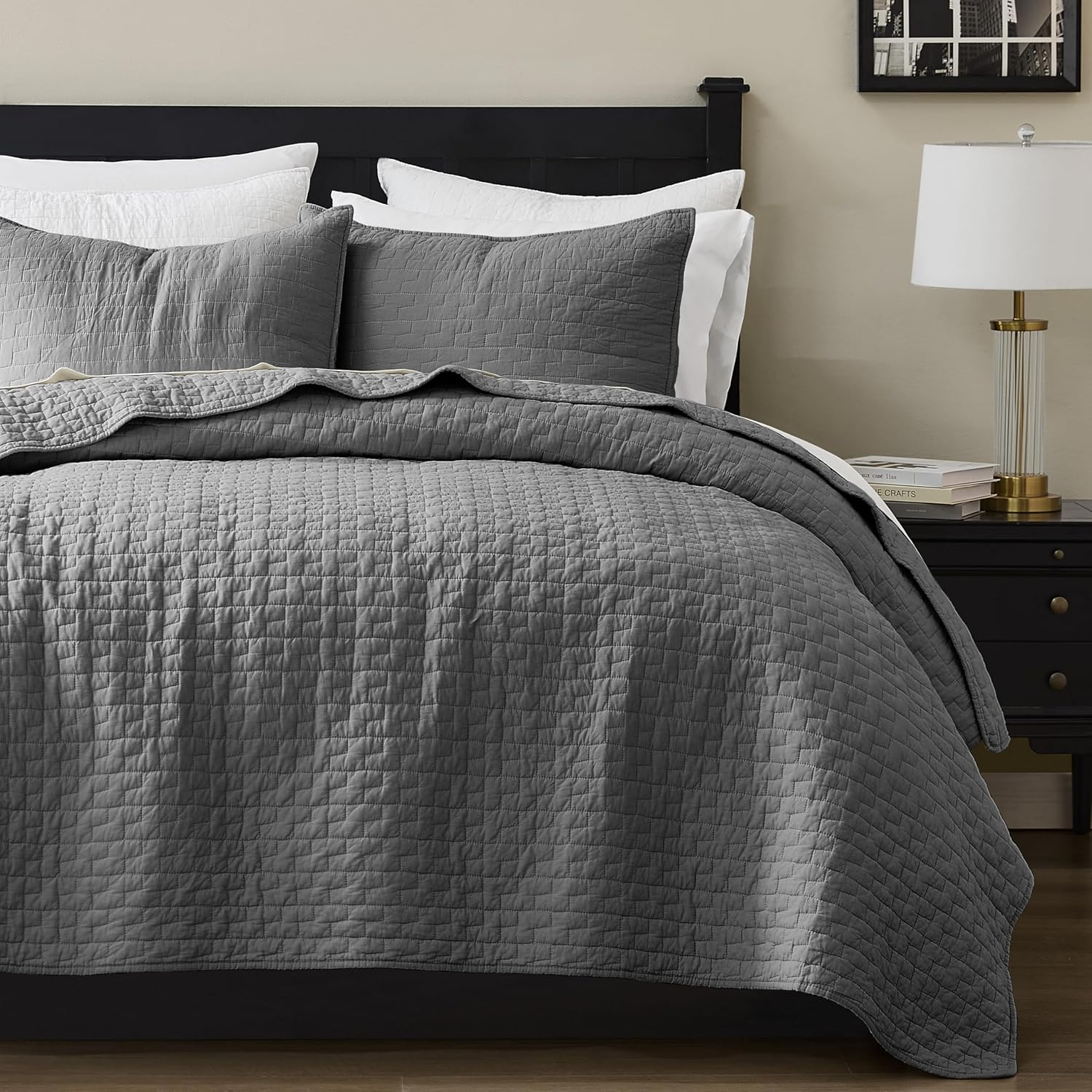 Palassio Blue Grey 100% Cotton Quilt California Cal King Size Bedding Sets with 2 Pillow Shams, Oversized Lightweight Bedspread Shabby Chic Coverlet, Soft Bed Cover for All Season, 3 Pieces
