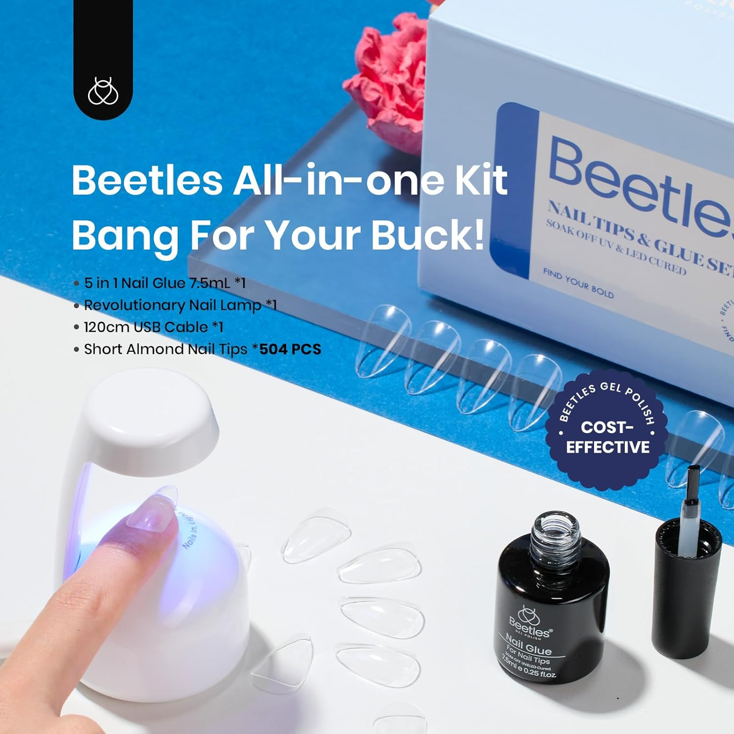 Beetles Gel Nail Kit Almond-500Pcs Gel Nail Kit Easy Nail Extension Set Short Almond Shape 5 in 1 Nail Glue Gel Extension Nail Kit Uv Led Lamp Acrylic False Nail Tips Kit DIY Nails Art for Women image number 2