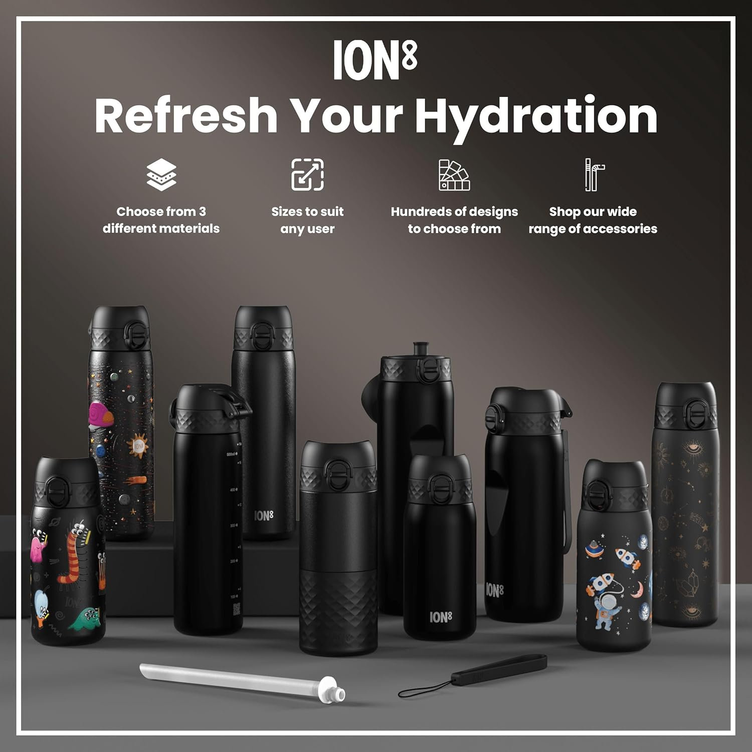 Ion8 Steel Water Bottle, 600Ml, Leak Proof, One-Finger Open, Dishwasher Safe, Flip Cover, Fits Cup Holders, Spill-Free On-The-Go, Carry Handle, Durable, Raised 3D Print, Black, Gaming Design image number 1