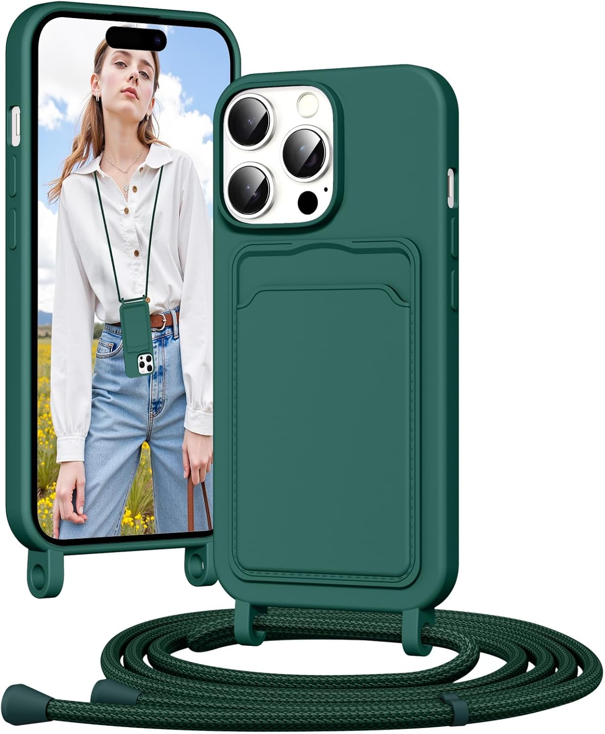 Vauki Mobile Phone Chain Silicone Case for Iphone 13 Pro with Strap, Mobile Phone Case with Card Slot, Removable Adjustable Cord Chain for Hanging, Shockproof Protective Case for Iphone 13 Pro Cord