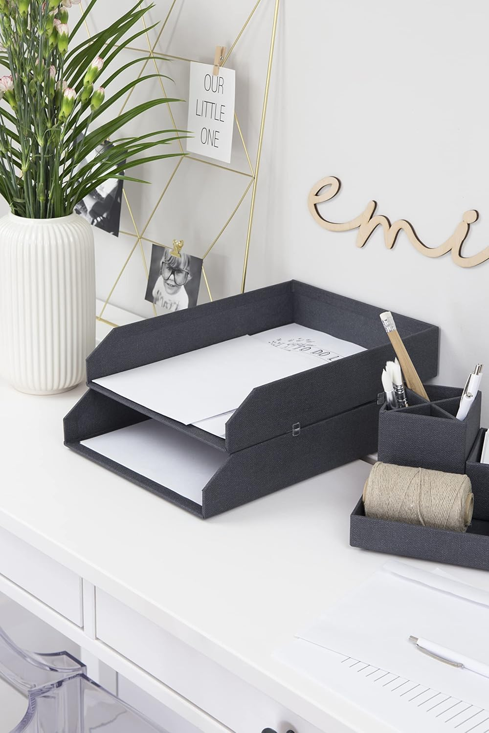 Bigso Box of Sweden Set of 2 Letter Tray Boxes for the Office - Stackable Desk Storage Box for Papers, Documents Etc - Two-Tier Fibreboard Filing and Storage Box System - Black - Blue image number 3