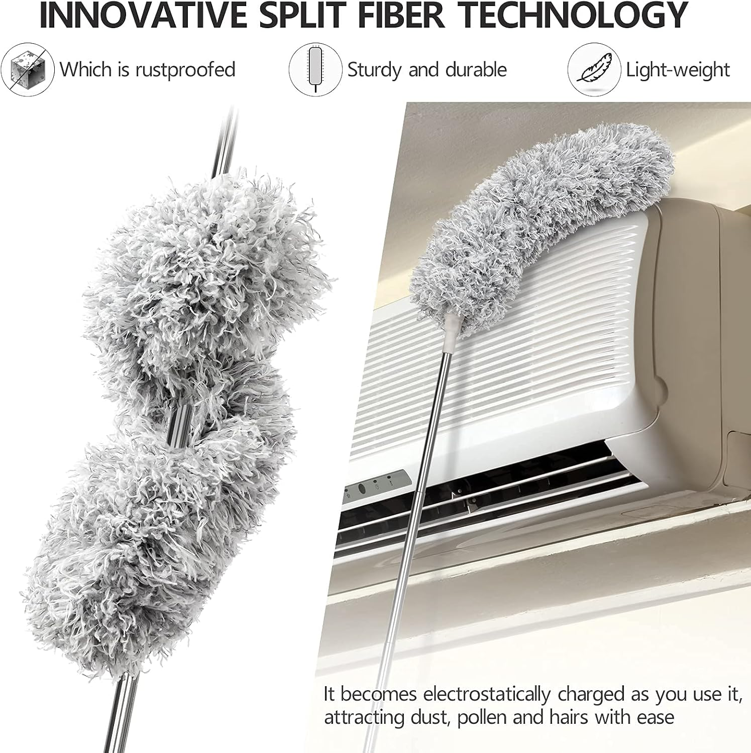 Microfiber Duster, Necomi&reg; with Extension Pole(Stainless Steel) 30 to 100 Inches, Reusable Bendable Dusters, Washable Lightweight Dusters for Cleaning Ceiling Fan (3PCS) image number 2