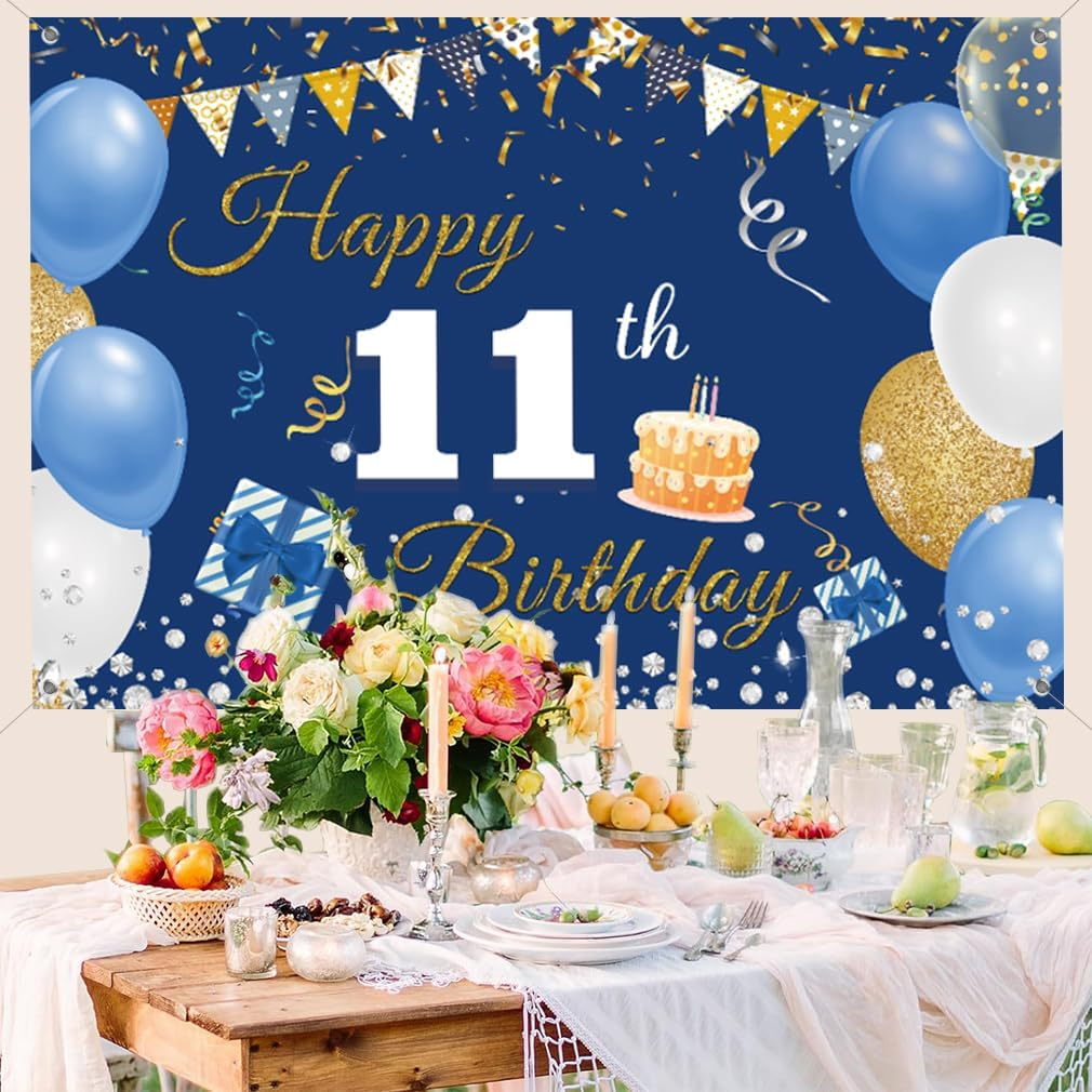 11Th Birthday Decorations Backdrop Banner for Boys/Girls Happy 11 Years Old Fabric Sign Poster, Blue Photography Background 11Th Birthday Party Supplies, 59"X35.4" image number 1