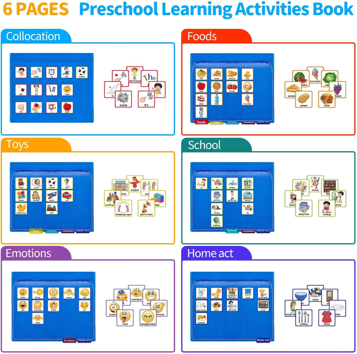 BOHEMIABY Pecs Communication Book, Visual Schedule for Kids with Autism, Nonverbal Communication Board, Pecs Book 196 Cards, Toddler Autism Materials for Home School, Vocabulary Cards, Printed (Blue) image number 5