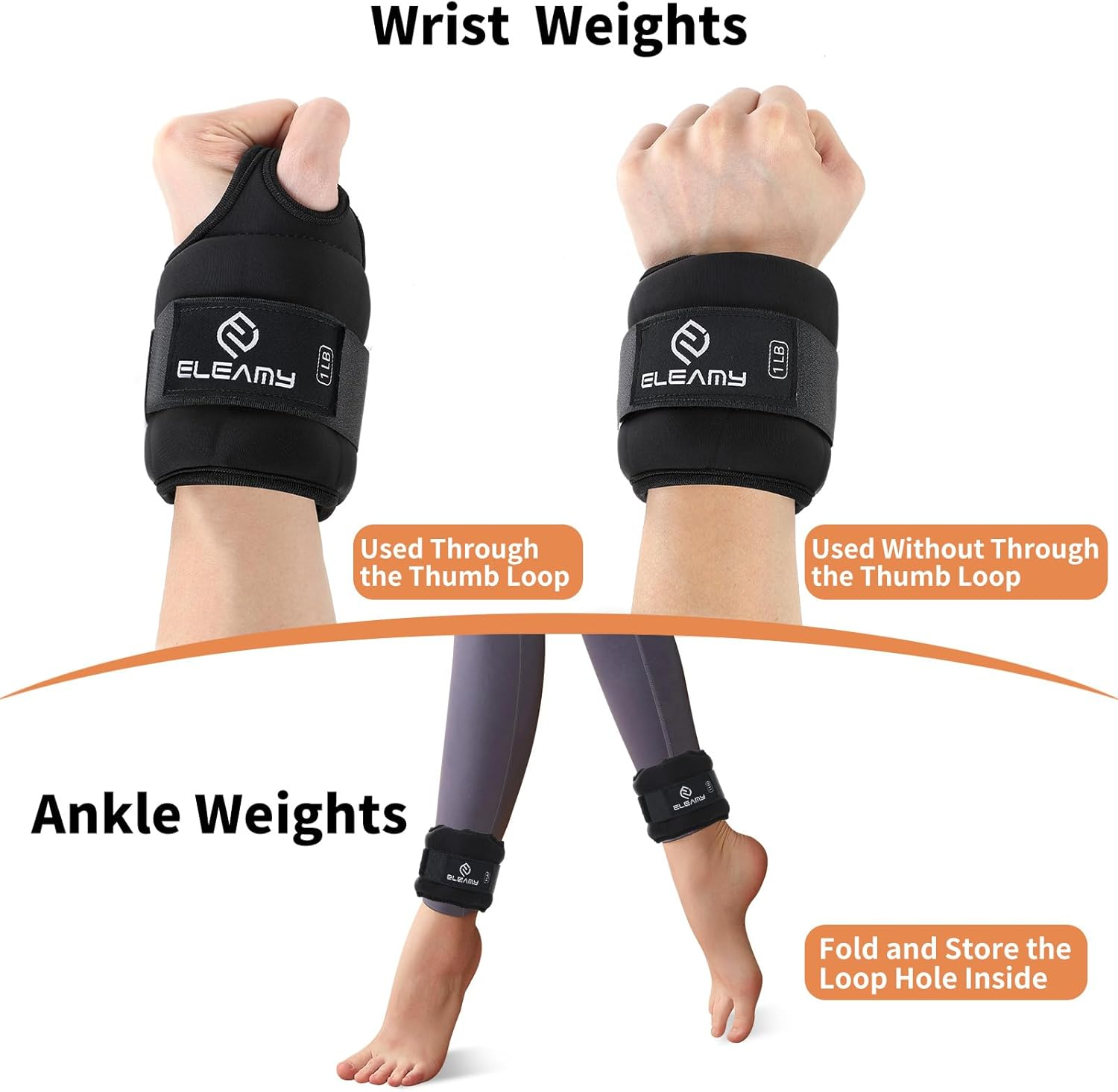 ELEAMY Wrist Weights with Thumb Loops Lock for Women & Men 1Lb*2/2Lbs*2/3Lbs*2, Suitable for Walking, Running, Yoga, Aerobics，Wrist & Ankle Weights Strength Training image number 3