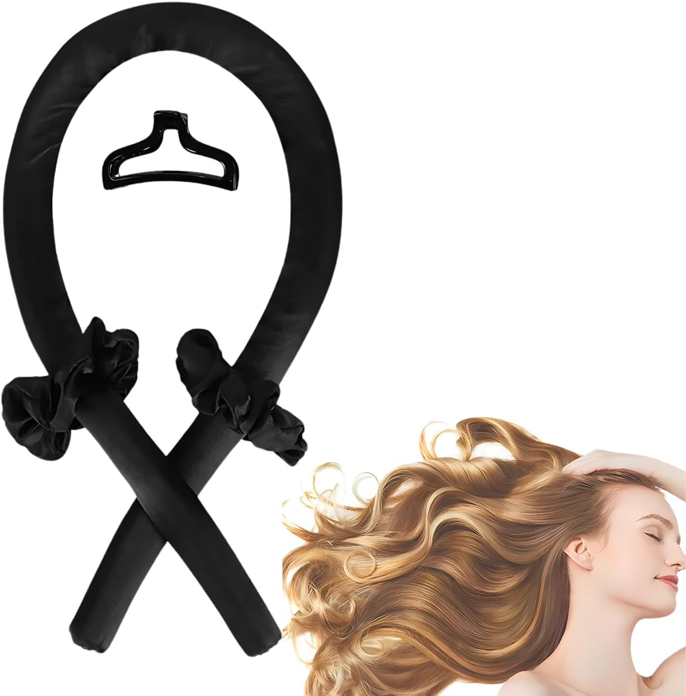 EZONEDEAL Heatless Curling Set, Overnight Hair Rollers for No-Heat Soft Curls, Rod with Hair Claw Clip, Natural Soft Wave DIY Styling Tool, Headband - Black