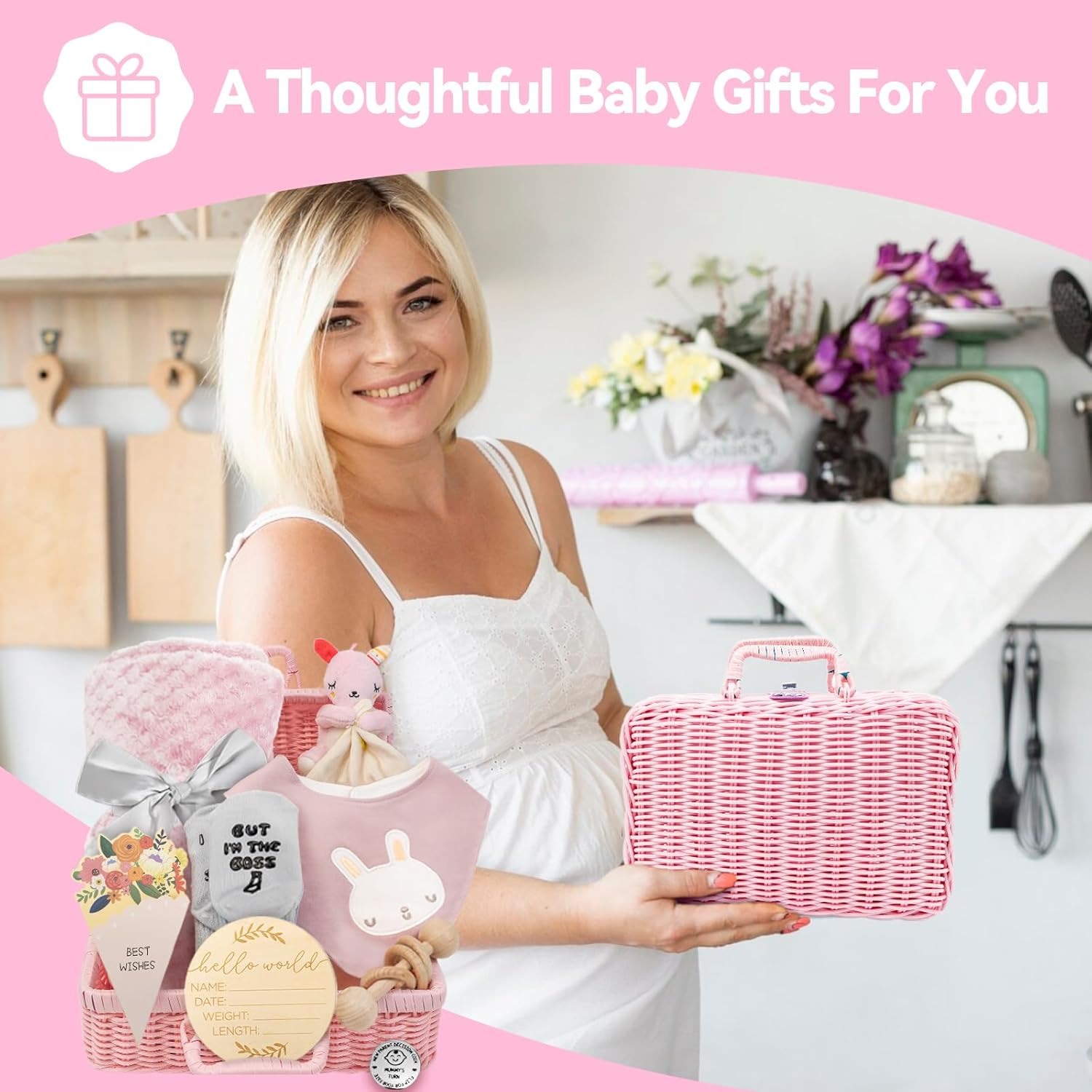 GANGANWU Baby Shower Gifts, New Baby Gifts for Girls, Pink 8 in 1 Set - New Baby Gifts, Baby Boy Gifts Including Lovey Security Blanket, Welcome Card, Wooden Rattle Toy, Socks,Baby Bib and More image number 1