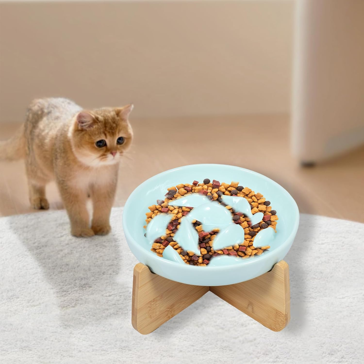 Raised Ceramic Cat Bowl with Stand - Slow Feeder Elevated Bowl for Cats and Small Dogs - Anti-Vomiting, 16.2&times;2.9Cm (Light Green) - Light Green image number 2