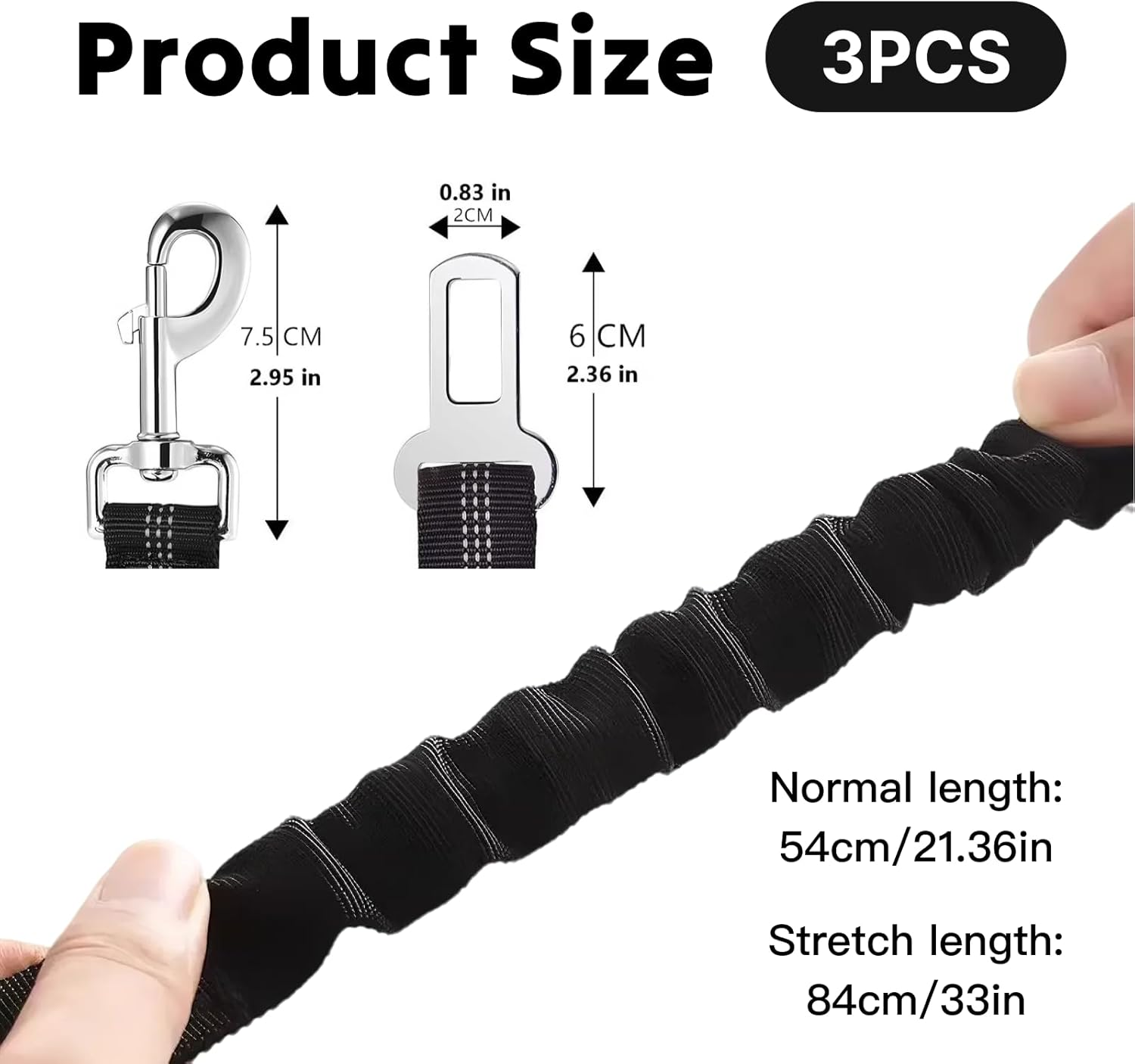 Adjustable 3 Pack Premium Dog Car Seat Belt, Heavy Duty Elastic Bungee Buffer Harness, Ensures Safety and Comfort for Dogs in Vehicles, Durable Nylon Fabric with Zinc Alloy Clips, Black image number 4