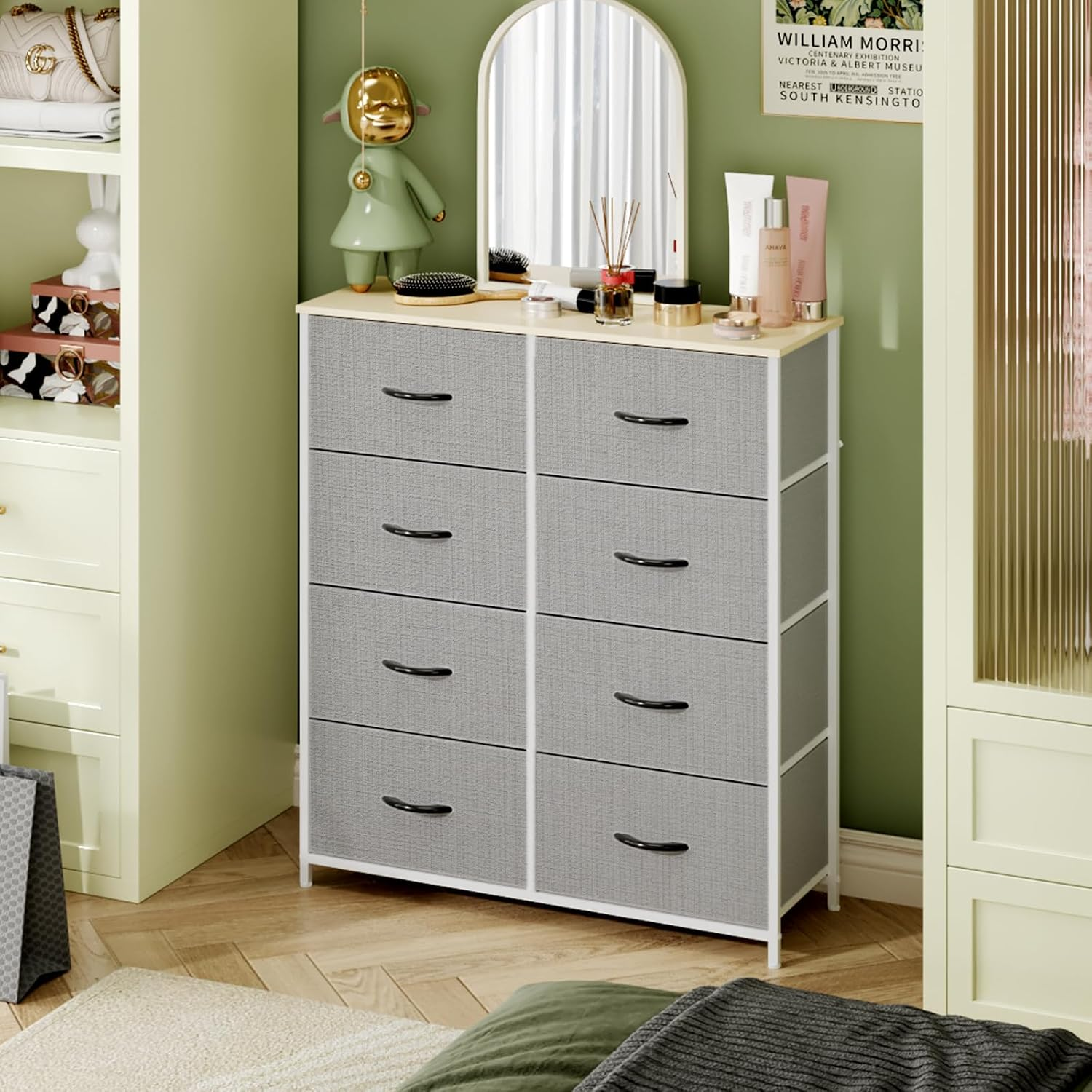 Ufurniture Chest of 8 Drawers Lowboy Clothes Storage Cabinet Organizer Fabric Tower Dresser Clothes Toys Storage Unit for Bedroom,Living Room,Office,Hallway,Entryway, Biege image number 1