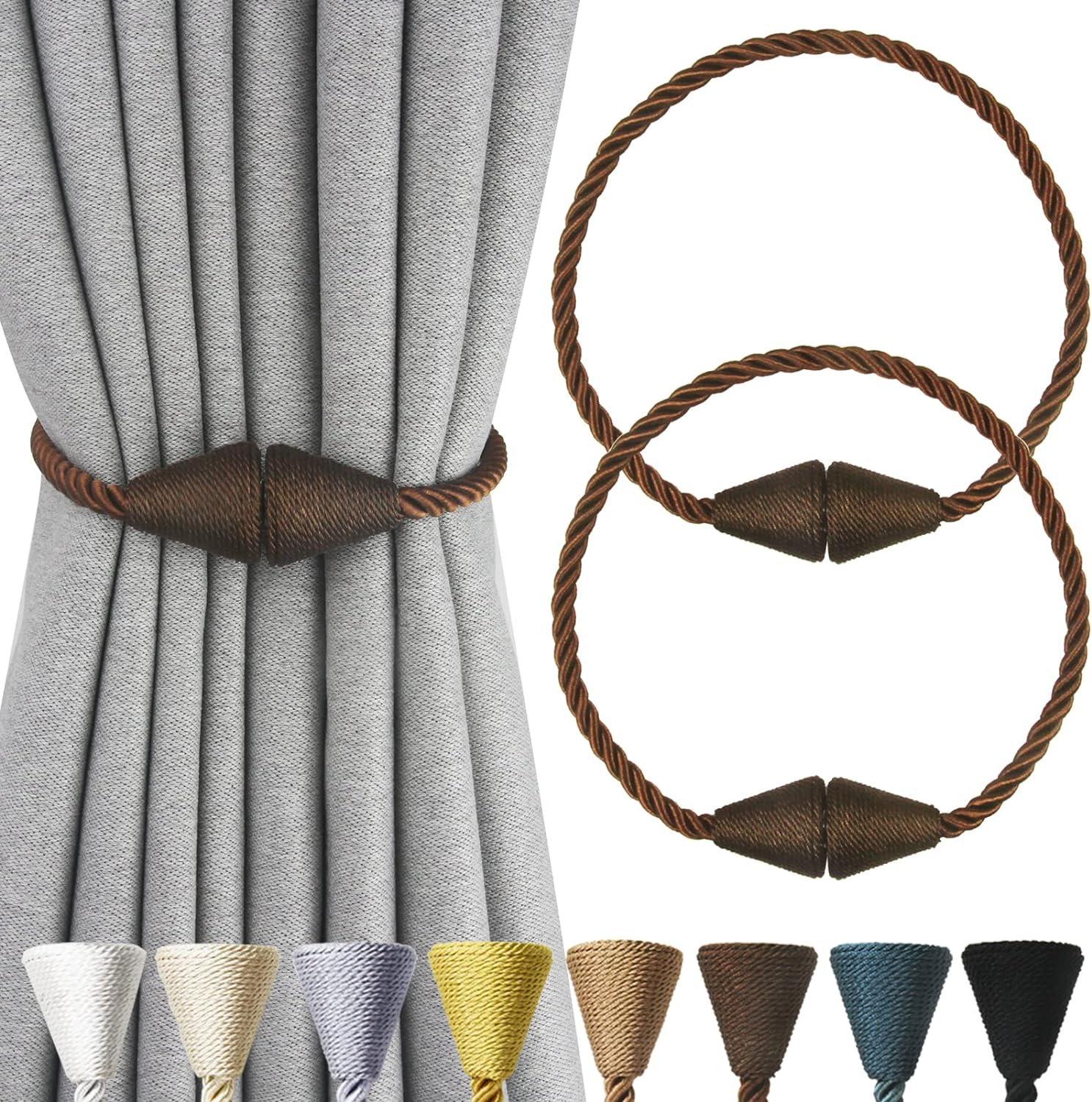 Nieffeiy 2 Pack Magnetic Curtain Tiebacks Rope Modern Handmade Curtain Tie Backs Decorative Drapes Weave Holdbacks for Window D&eacute;cor, Beige image number 3