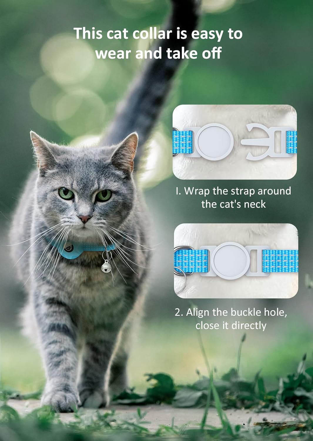 Airtag Cat Collar, Reflective Kitten Collar Breakaway Apple Air Tag Cat Collar, GPS Cat Collar with Airtag Holder and Bell, Lightweight Tracker Cat Collars for Girl Boy Cats Puppies (Luminous Blue) - Luminous Blue image number 2