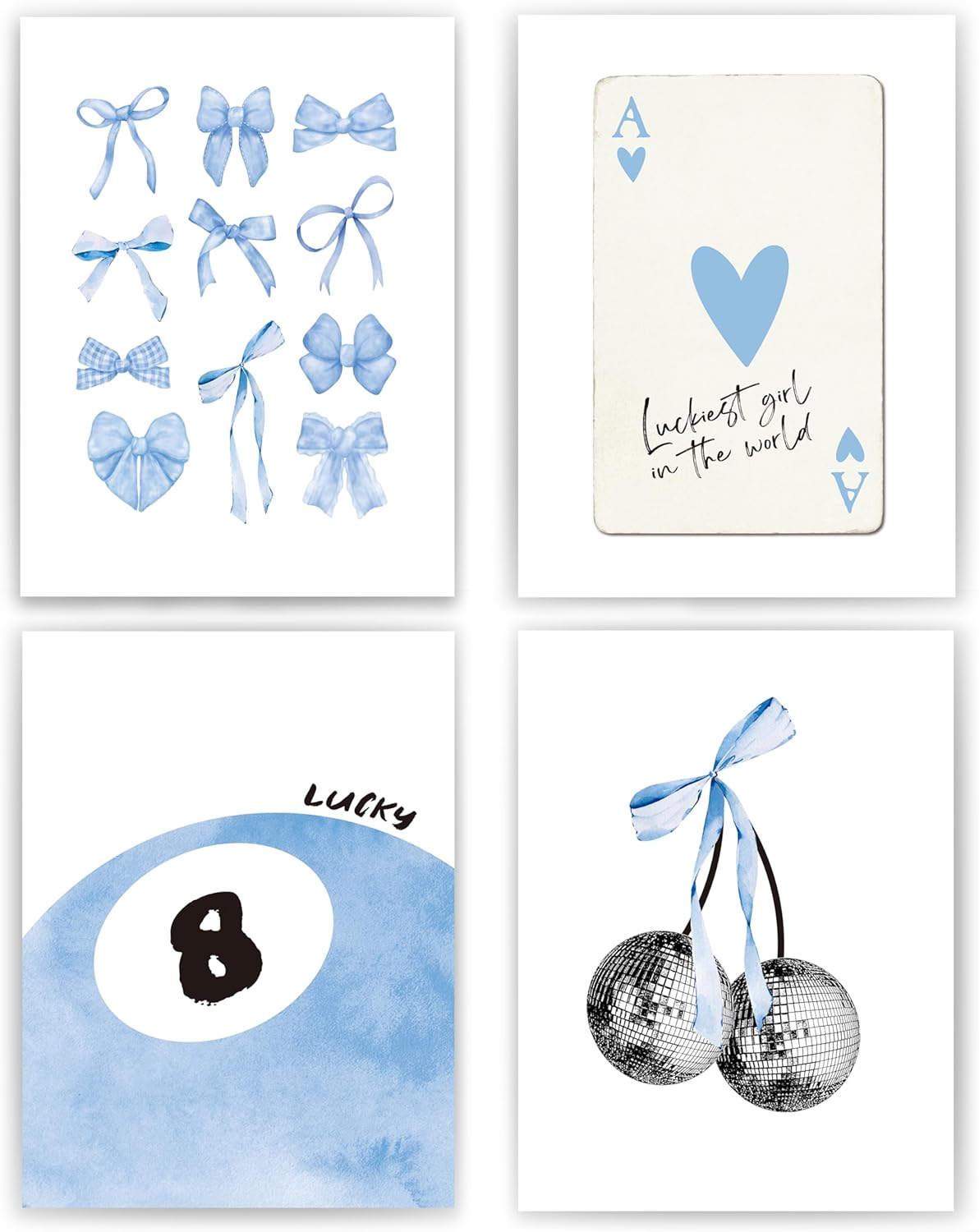 Okaxscm Light Blue Coquette Trendy Preppy Wall Art Prints Set of 4,Coquette Preppy Room Decor,Blue Bow Disco 8 Ball Cherry Wall Decor Posters for Girls Bedroom Dorm,12X16 Unframed image number 3