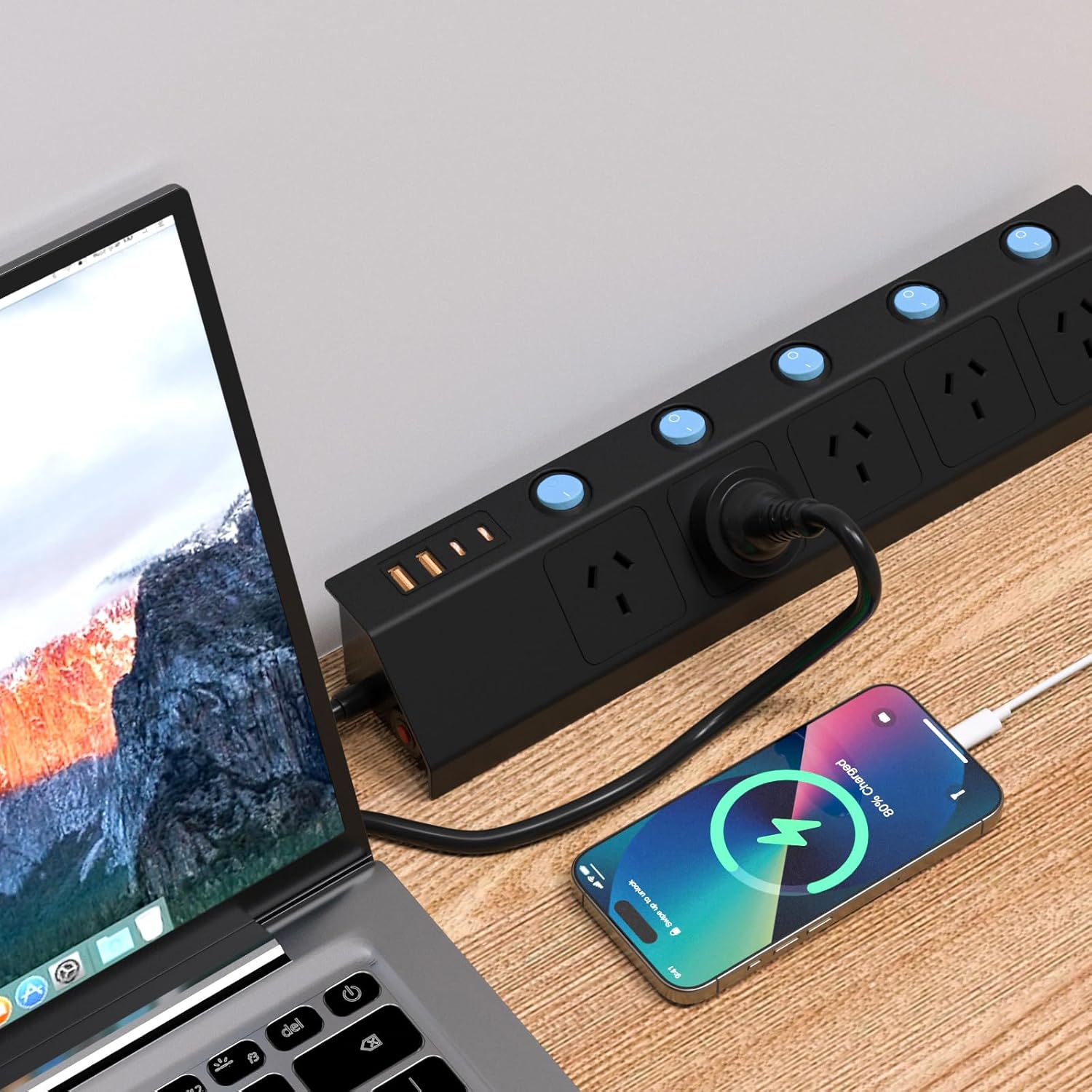 HITRENDS Power Strip with 5 AC Outlets, 1.5M Cable 2 USB a and 2 USB C Surge Protector Power Board with Switch, Ideal for Home and Office Use, Black image number 5