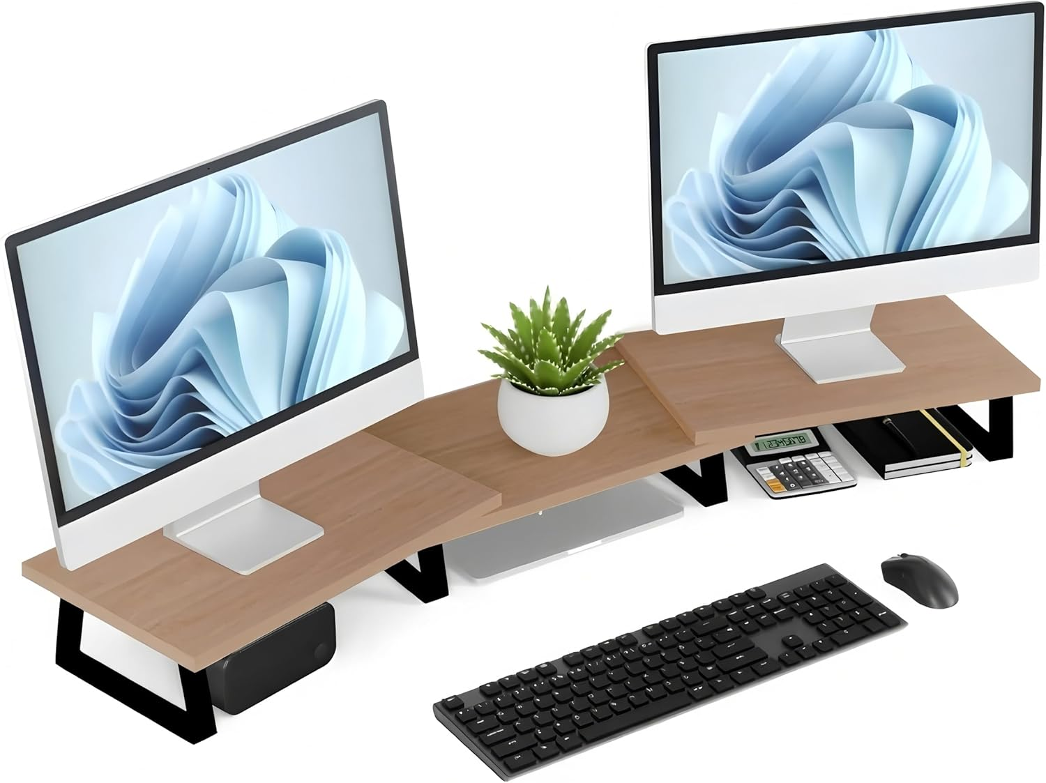 MOCICIGO Dual Monitor Stand Riser 3 Shelf Screen Stand with Adjustable Length and Angle,Monitor Stand, 2 Extra for PC, Computer, Laptop (OAK)