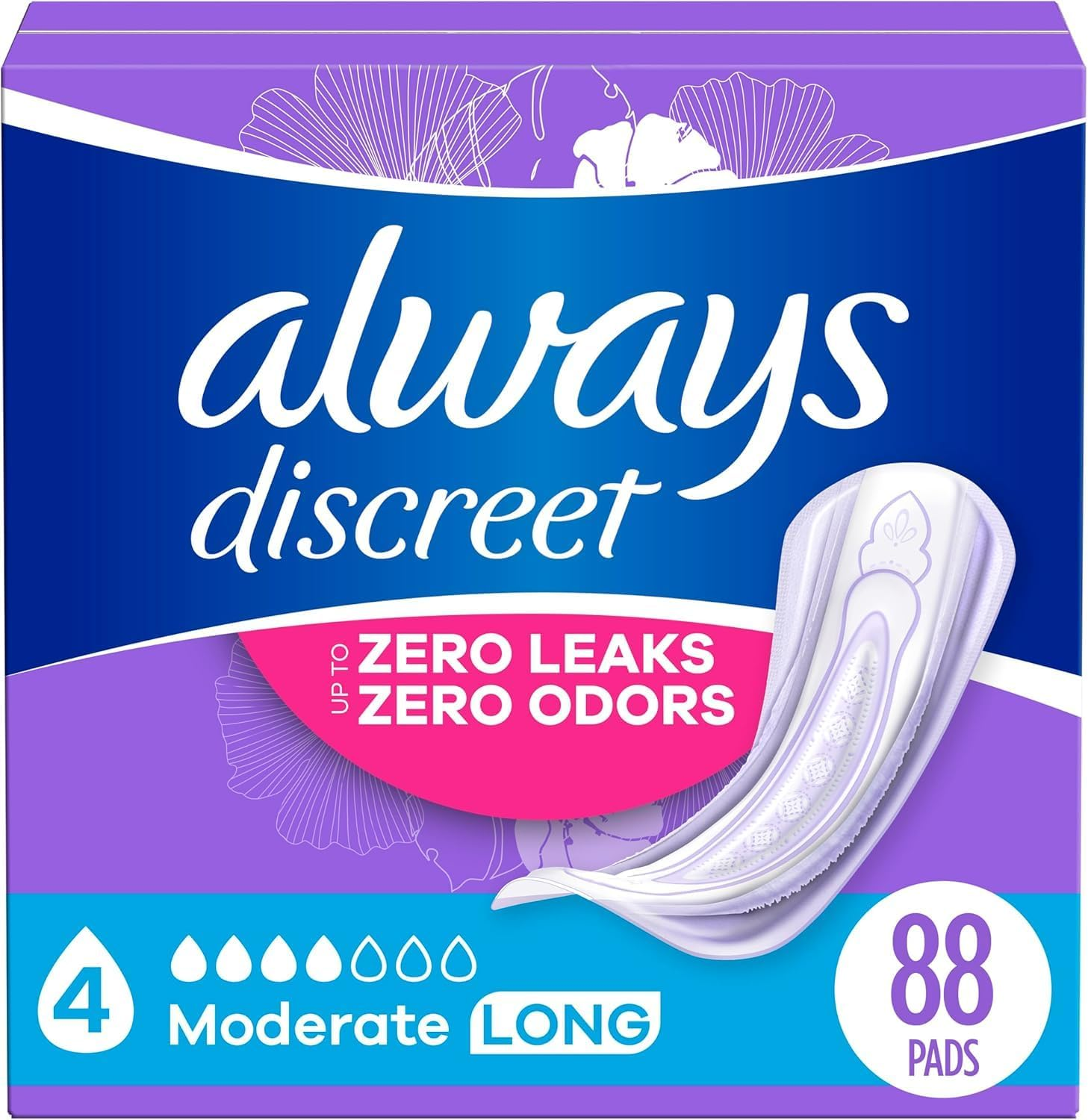 Always Discreet Adult Incontinence Pads for Women, Moderate Absorbency, Long Length, Postpartum Pads, 88 CT image number 2
