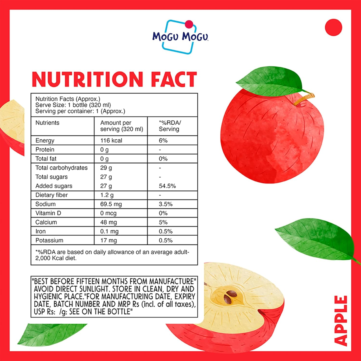 Mogu Mogu Apple Drink with Nata De Coco | Asian Fruit Juice Drink with Chewy Jelly | Refreshing Sweet Apple Flavour | Fun Fruity Mogu Mogu Drink | Popular Nata De Coco | 320Ml Bottle image number 1