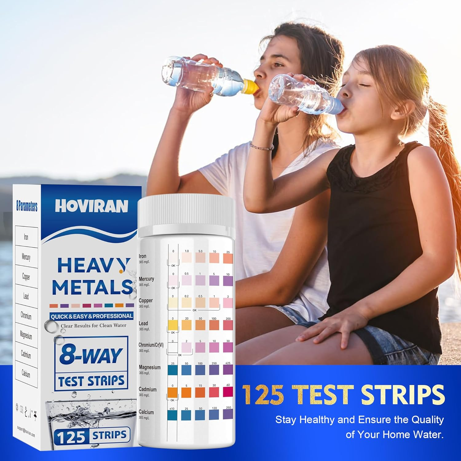 8-Way Heavy Metals Water Test Strips -125 Ct Home, Well Drinking Water Testing Kit for Iron, Mercury, Copper, Lead, Chromium, Magnesium, Cadmium, Calcium