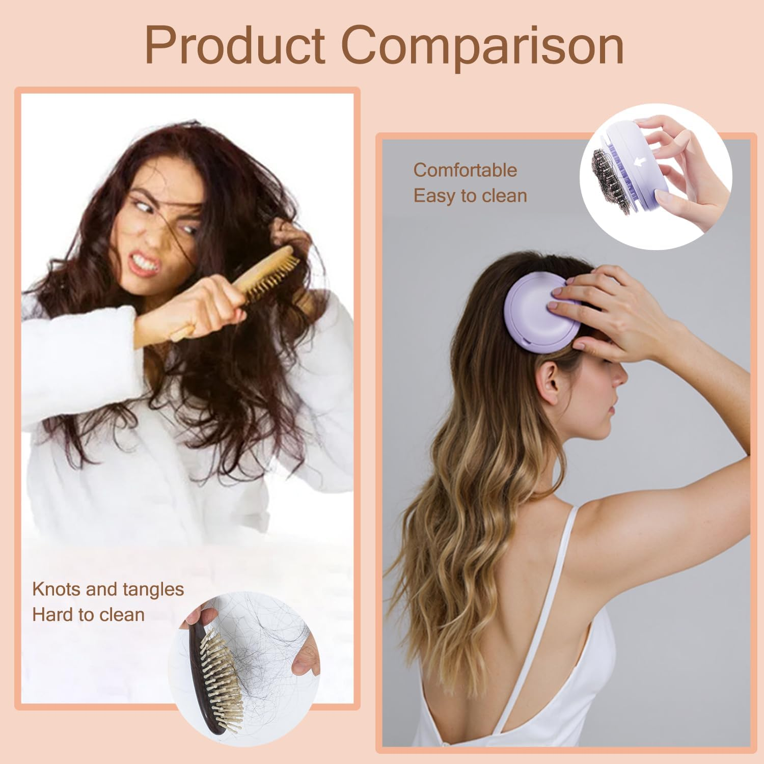 Self Cleaning Hairbrush, Mini Travel Brush with Mirror, Portable Purse Brush for All Hair Types, Scalp Massager for Women Men Kids (Purple) image number 1