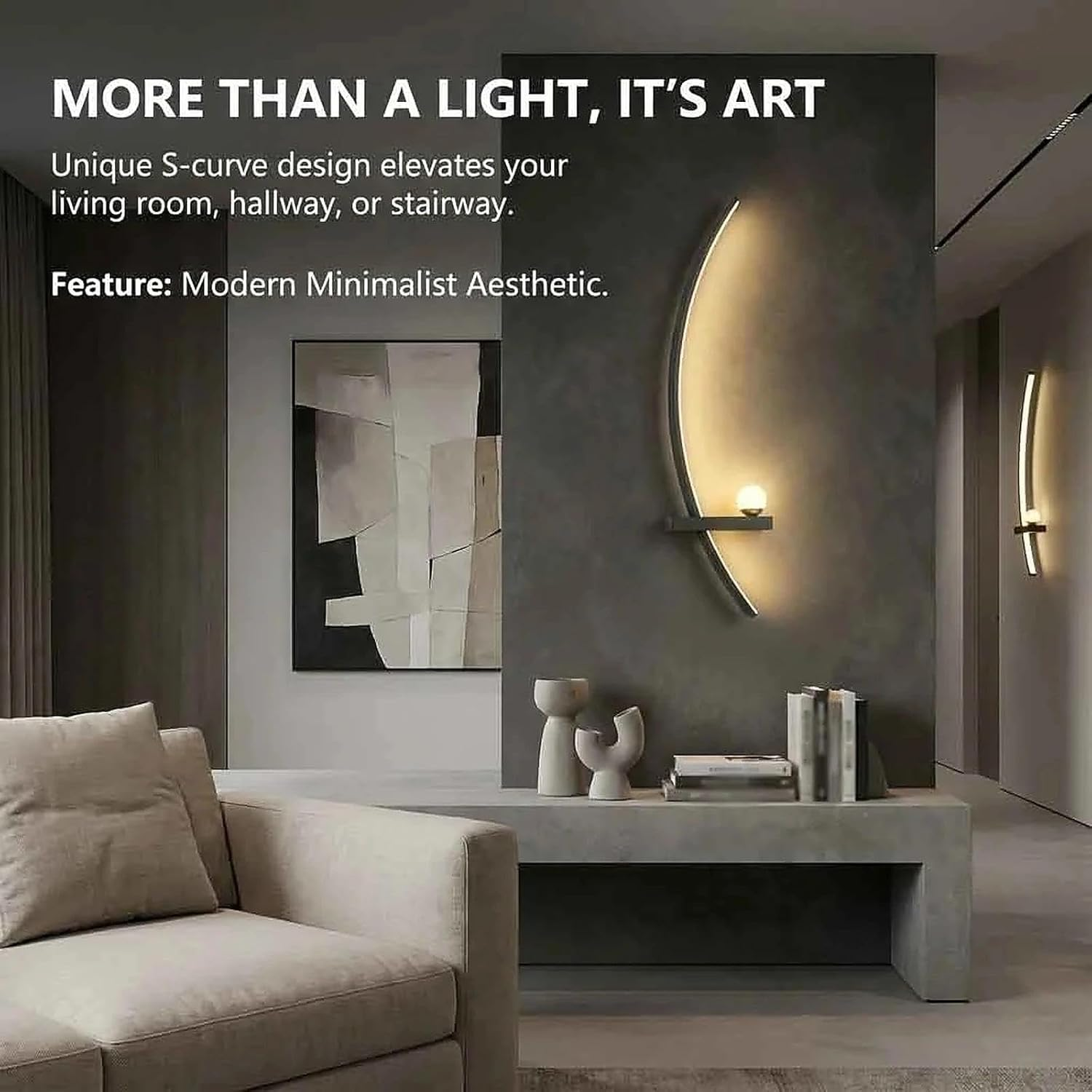 Modern Black Wall Sconces - 21.6" LED Linear Wall Lights for Bedroom & Living Room, 3-Color Dimmable Curved Art Decor Sconce Lamp for Hallway, Stairs & Vanity (Hardwired)(Black Left,105Cm) image number 3